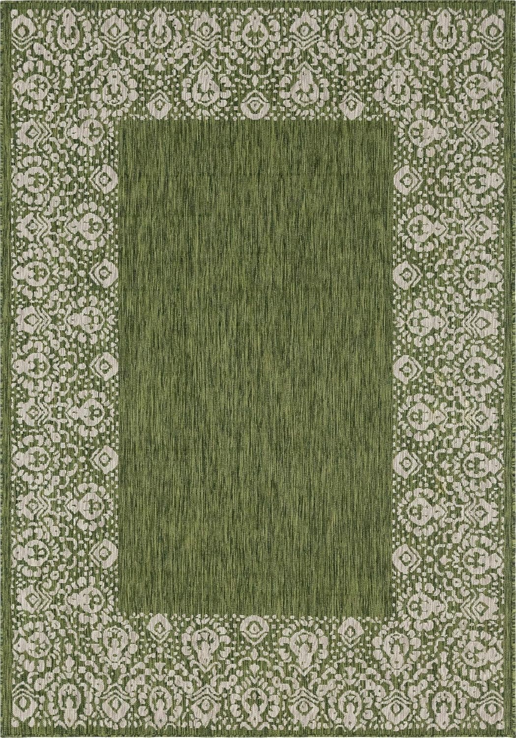 Unique Loom Outdoor Border Collection Area Rug - Floral Border (7' 1" x 10' Rectangle Green/Ivory)