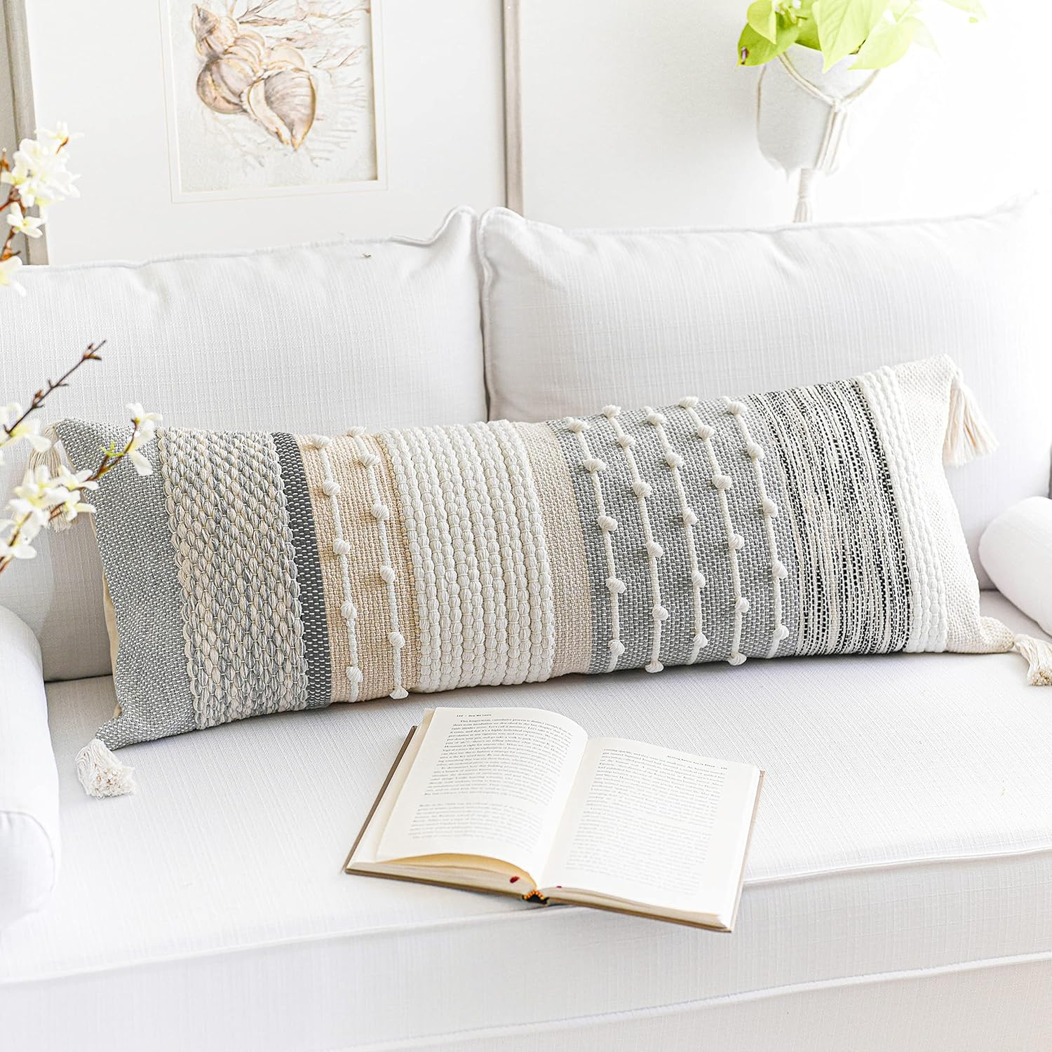 Gray Boho Lumbar Throw Pillow Cover 14x36 Grey Accent Long Body Lumbar Pillow for Bed Decorative Modern Bohemian Woven Textured Lumbar Pillow for Bed Cover ONLY