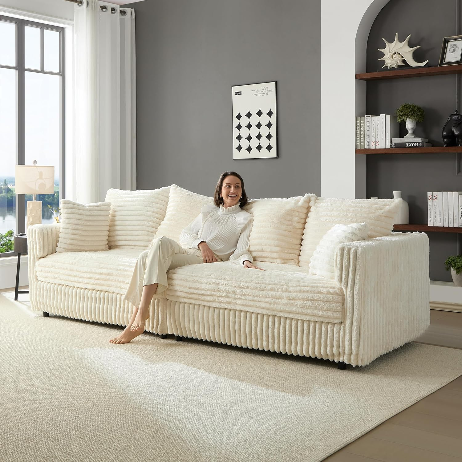 104.3''Cloud Sectional Couch,Oversized Living Room Convertible Sofa, Plush Corduroy Sofa W/6 Soft Pillows,4 Deep Seat Memory Foam Couches,Plush Couch for Living Room, Apartment (Beige)