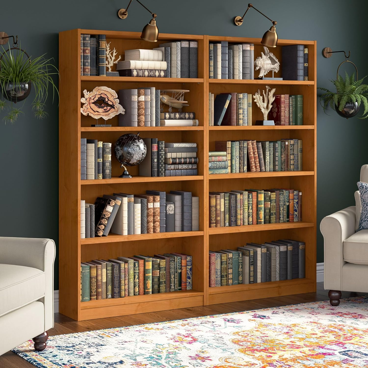 Universal Tall 5 Shelf Bookcase in Natural Cherry (Set of 2) - Engineered Wood
