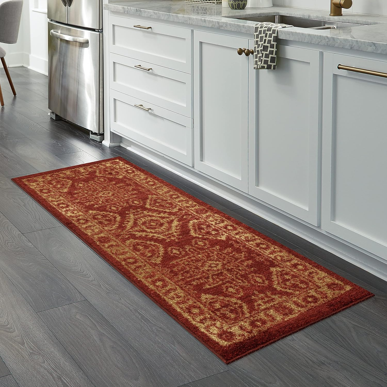 Maples Rugs - Made in USA - Georgina Traditional Washable Indoor Runner Rugs, 2' x 6', Red/Gold