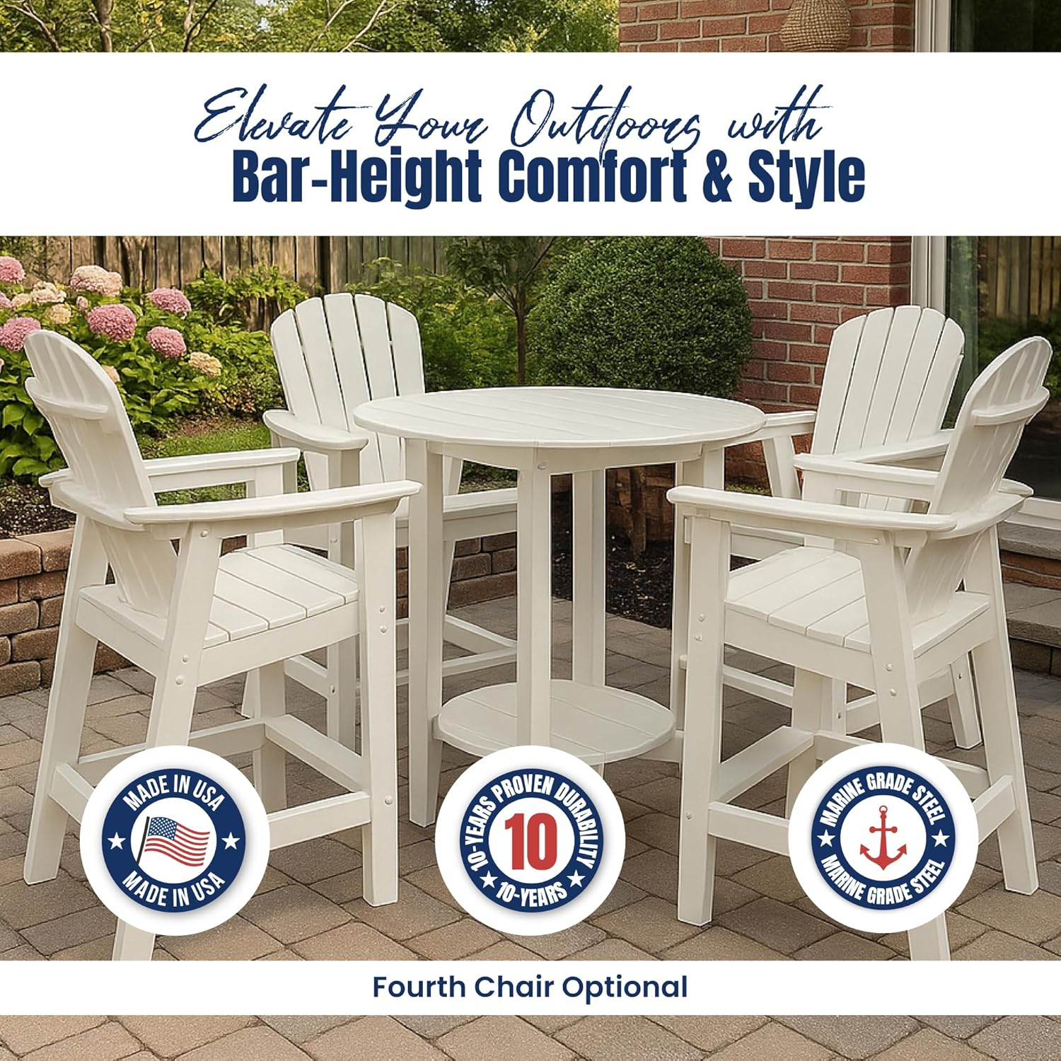 Phat Tommy Outdoor High Top Table and Chairs - Tall Patio Bar Set with 3 Chairs & Round Pub Table - Recycled Poly HDPE Furniture - Waterproof, Fade-Resistant - Made in USA - Multiple Colors