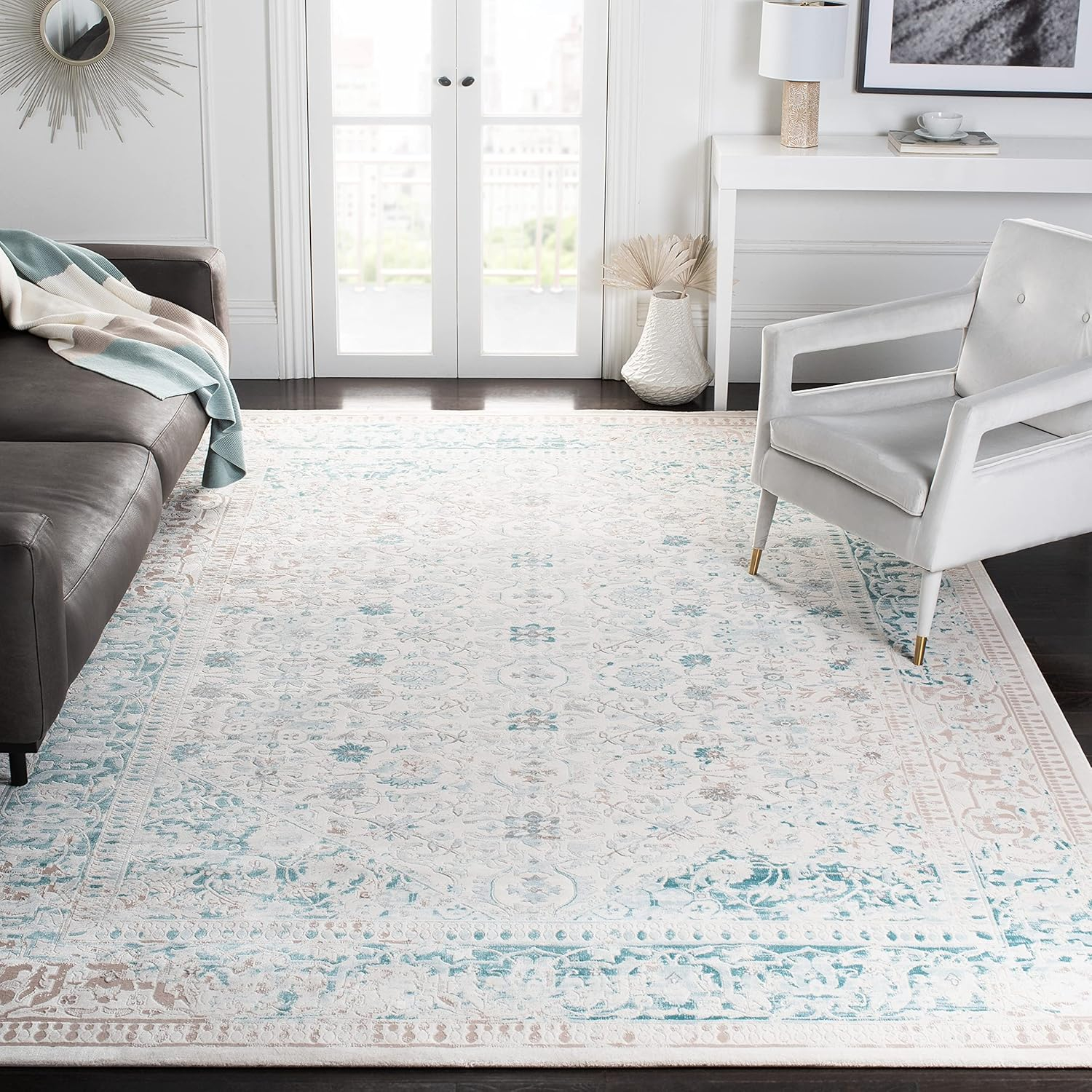 SAFAVIEH Passion Collection Area Rug - 8' x 11', Turquoise & Ivory, Vintage Distressed Design, Non-Shedding & Easy Care, Ideal for High Traffic Areas in Living Room, Bedroom (PAS405B)