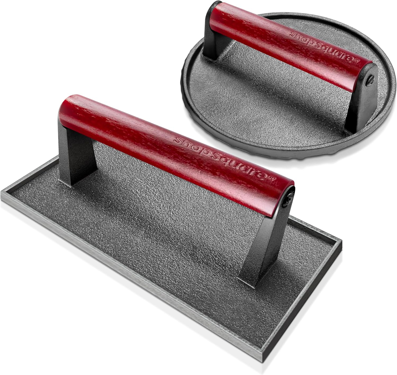 Rectangular and Round Cast Iron Grill Press with Red Wood Handle