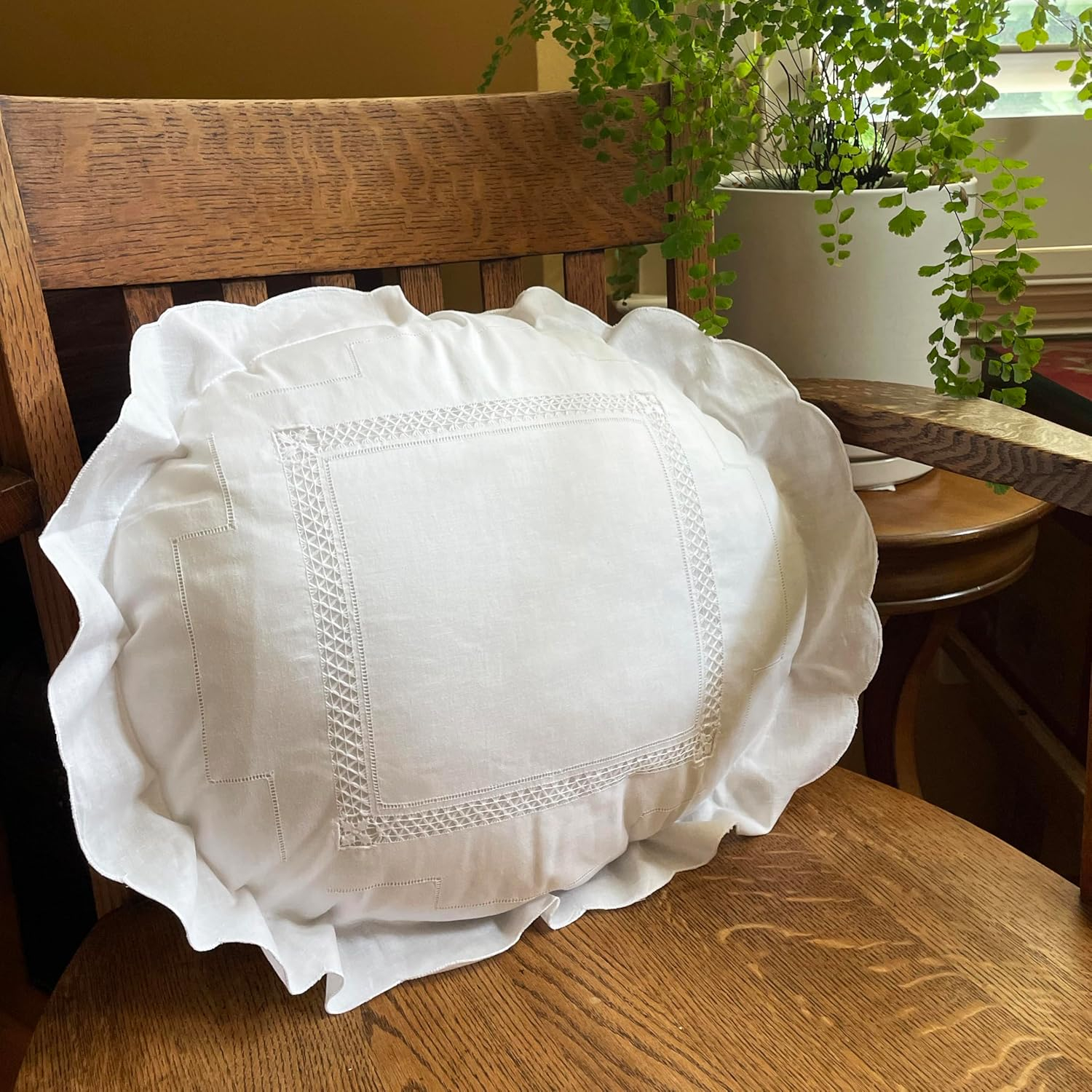 White Cotton Embroidered Round Pillow Set with Ruffled Edges
