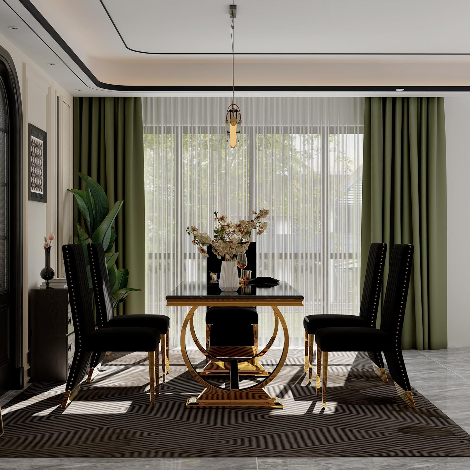 7 Pieces Black and Gold Dining Table Set, Kitchen and Dining Room Table Set with 6 Black Velvet Upholstered Chairs, 72" Rectangular Dining Table Set for 6