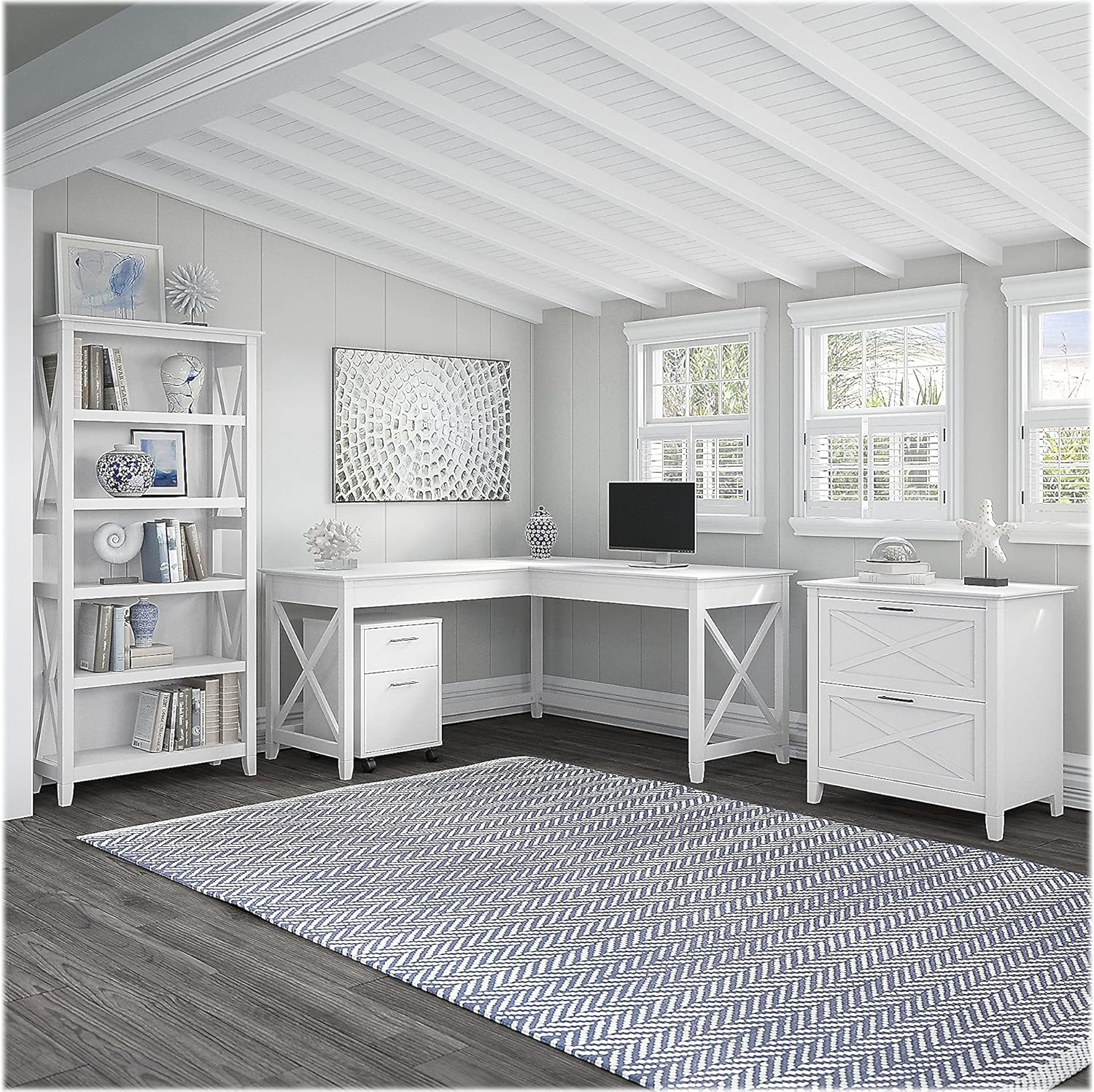 Casual Farmhouse 60W L-Shaped Desk Set in Pure White Oak