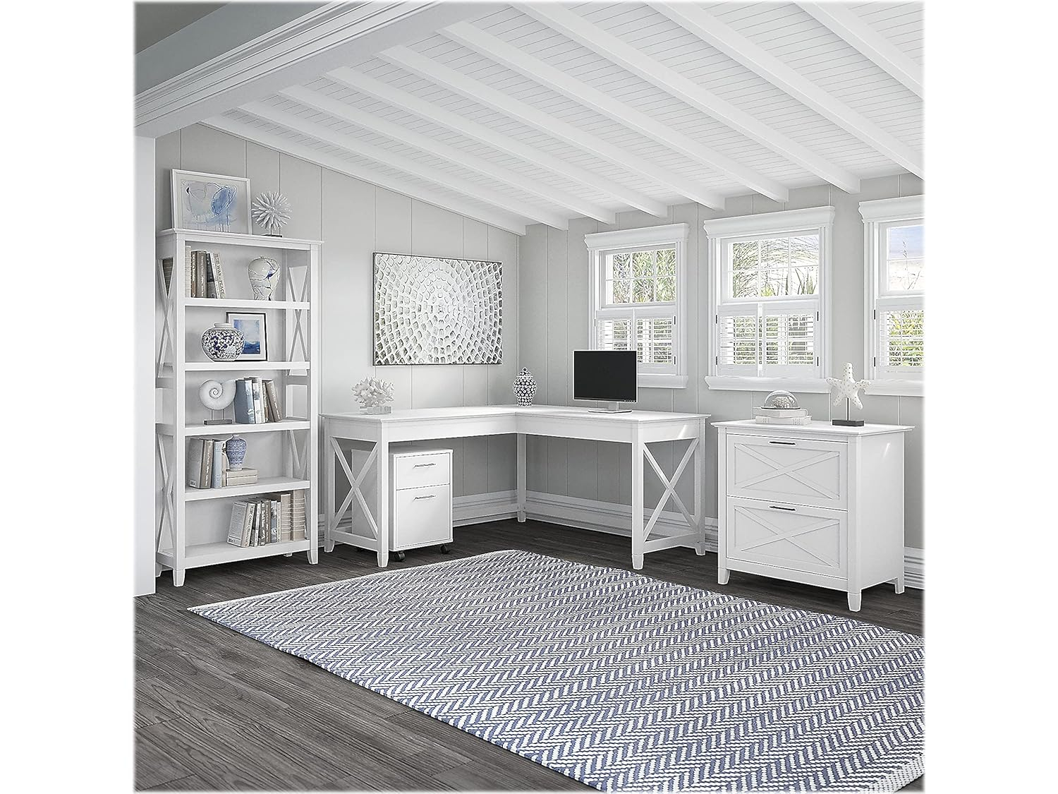 Casual Farmhouse 60W L-Shaped Desk Set in Pure White Oak