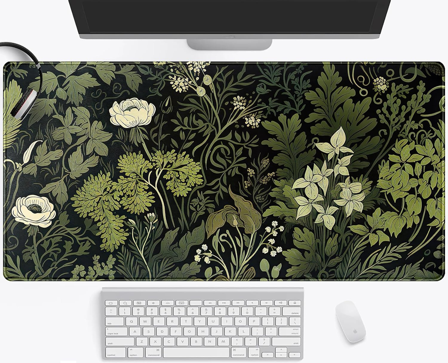 Green Leaves Beige Plants Pad, Large Extend Mouse Pad XXL, Freshness Foliage Keyboard Mat, Black Esthetics Desktop Mat Laptop Wireless Mouse Mat, Gift for Women 31.5"x15.75"