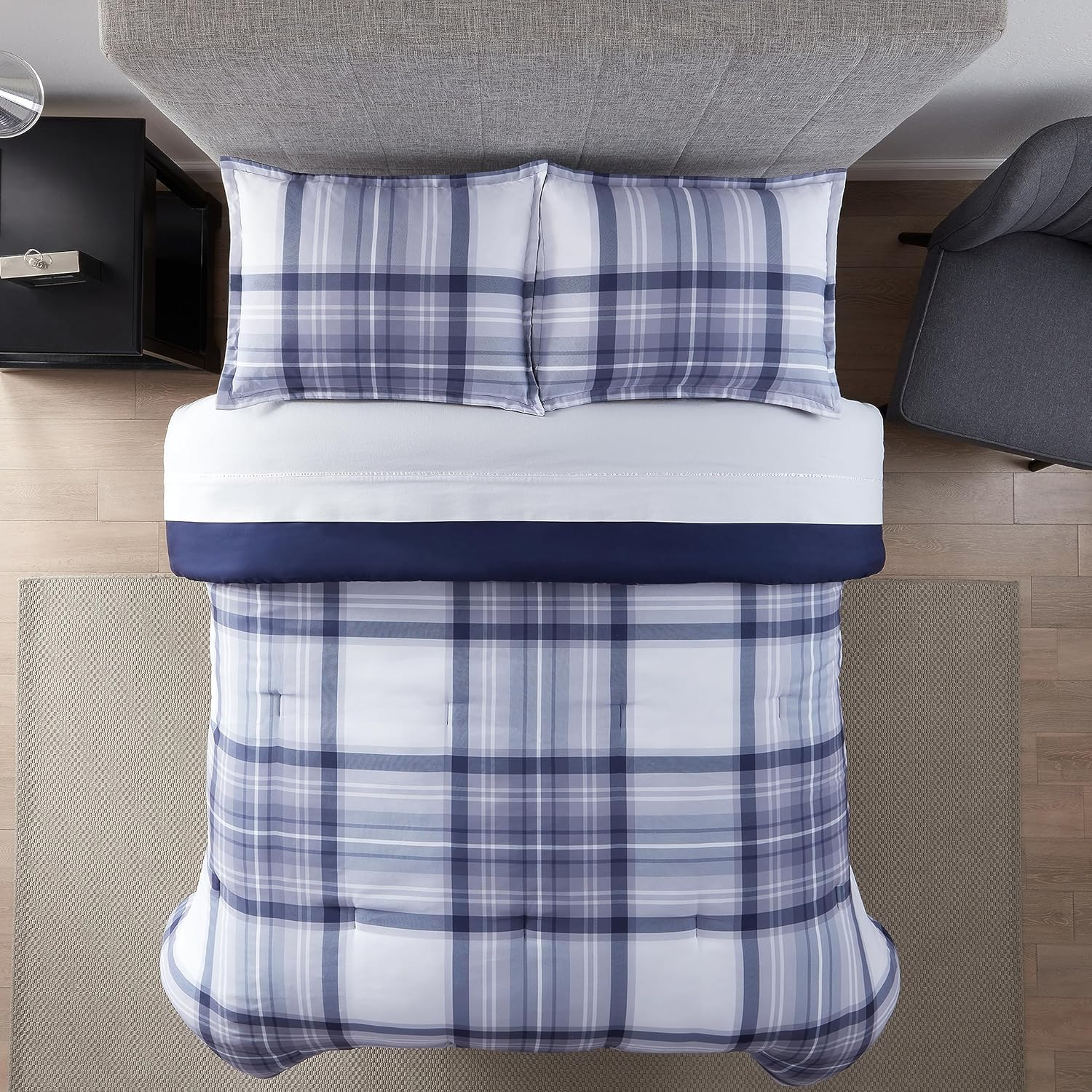 Serta Simply Clean Scott Soft 7 Piece Plaid Bed in A Bag Complete Bedding Comforter Set with Sheets and Pillow Case for All Season, Full, Blue