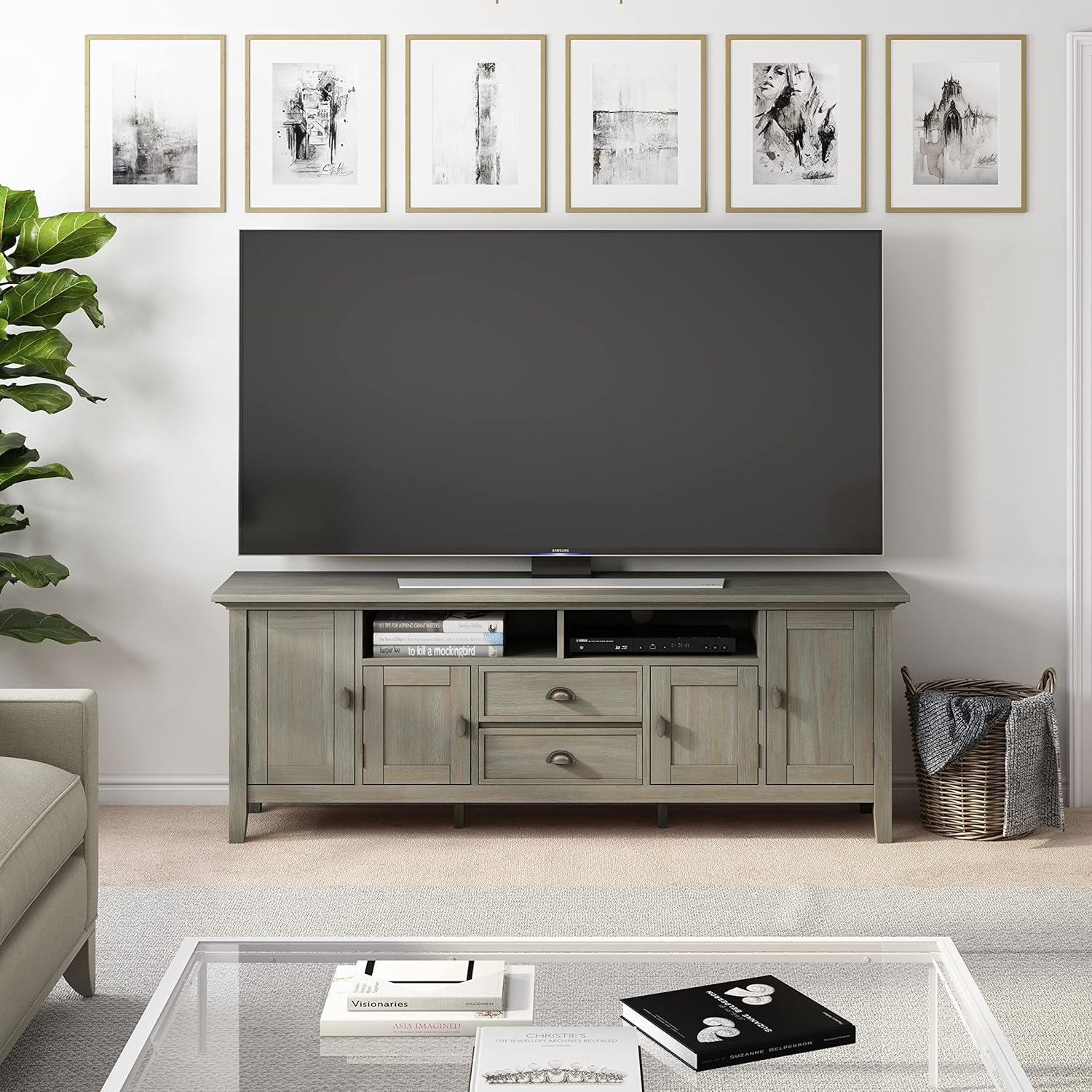 Redmond SOLID WOOD 72 inch TV Media Stand in Distressed Grey For TVs up to 80 inches