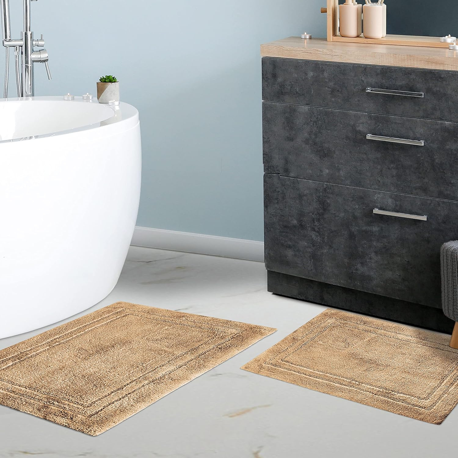 Latte Square Cotton Bath Rug Set with Non-Slip Backing