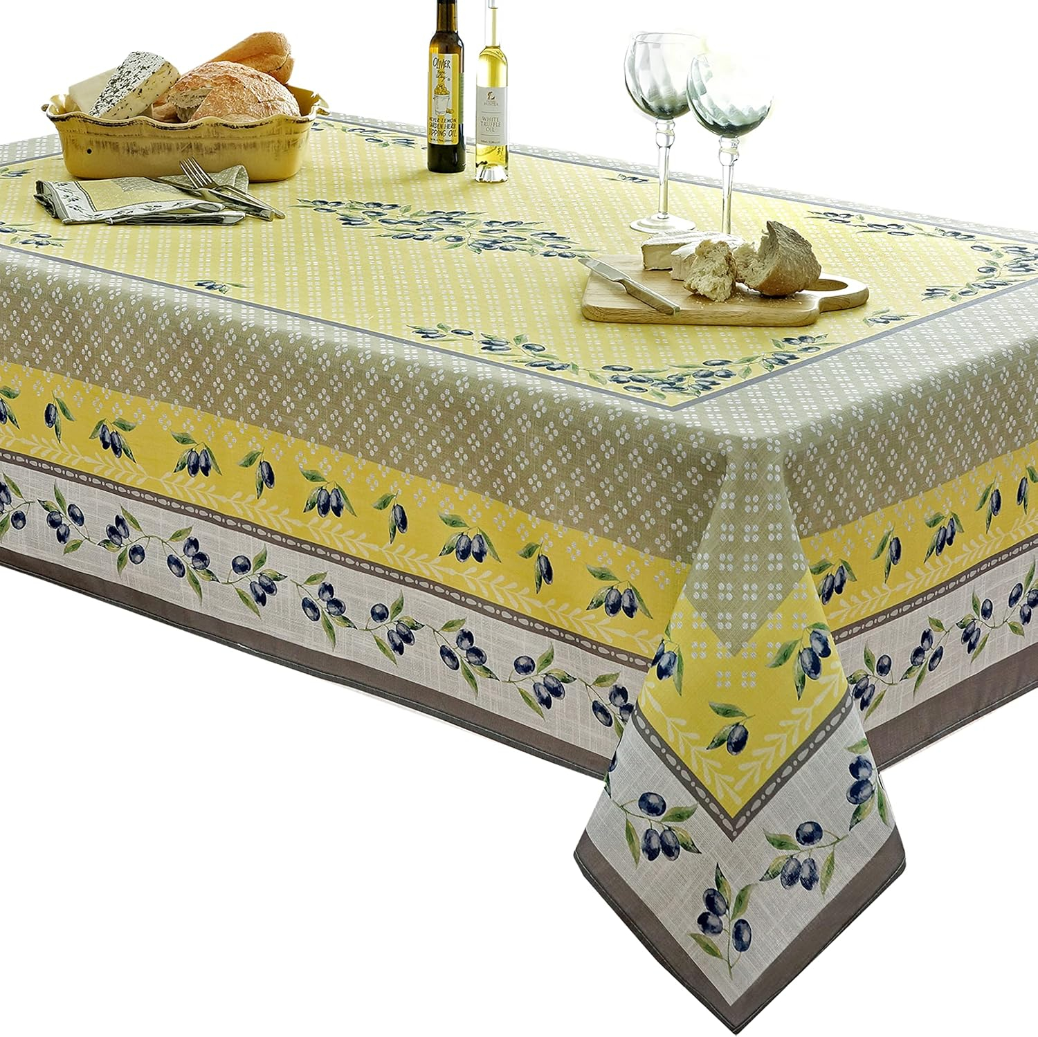 Home Bargains Plus Rectangle Fabric Tablecloth, 60 x 120 inch, Olivier Yellow and Grey Country Olive