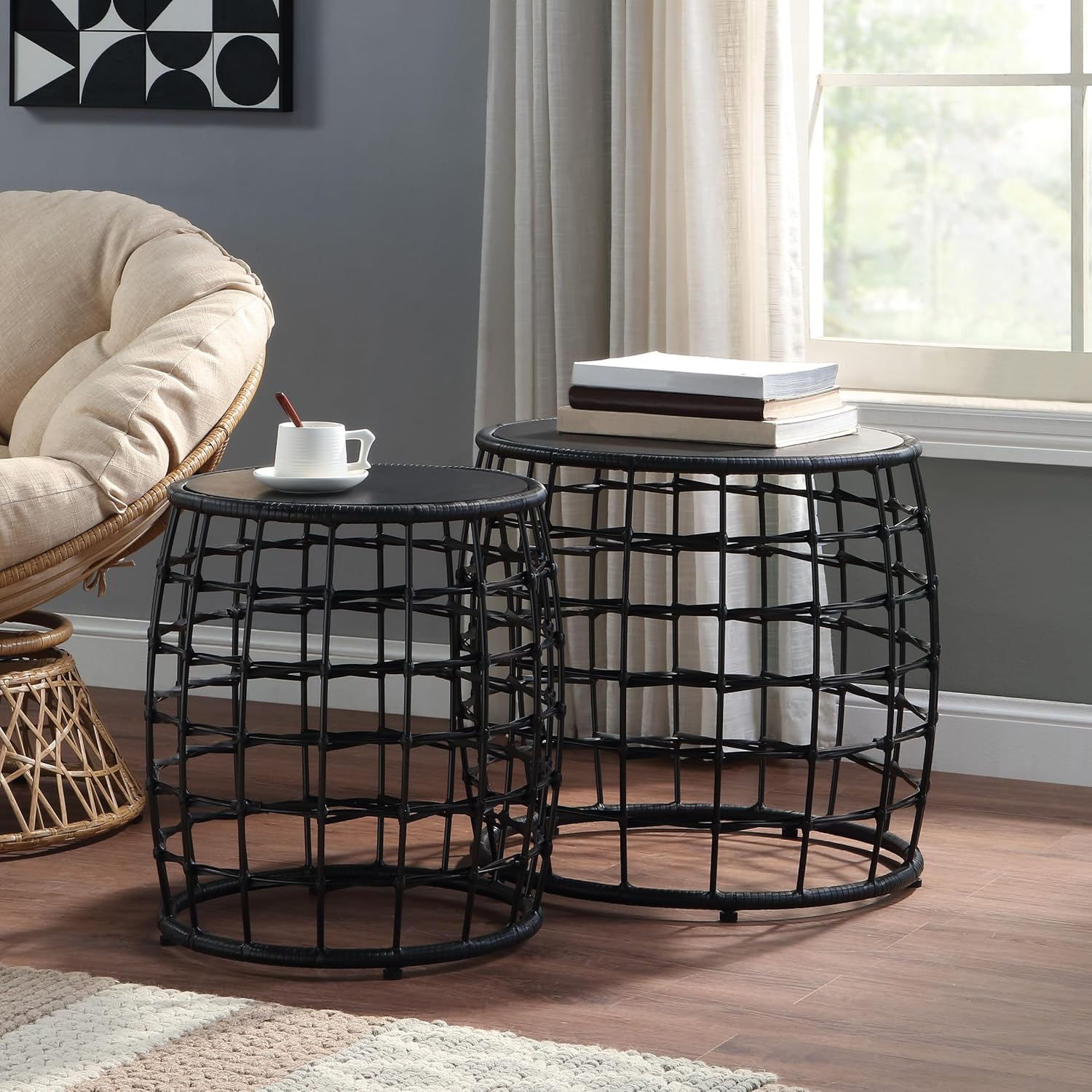 Cambria Drum Nesting Tables-2 Piece set-in Engineered Wood Black