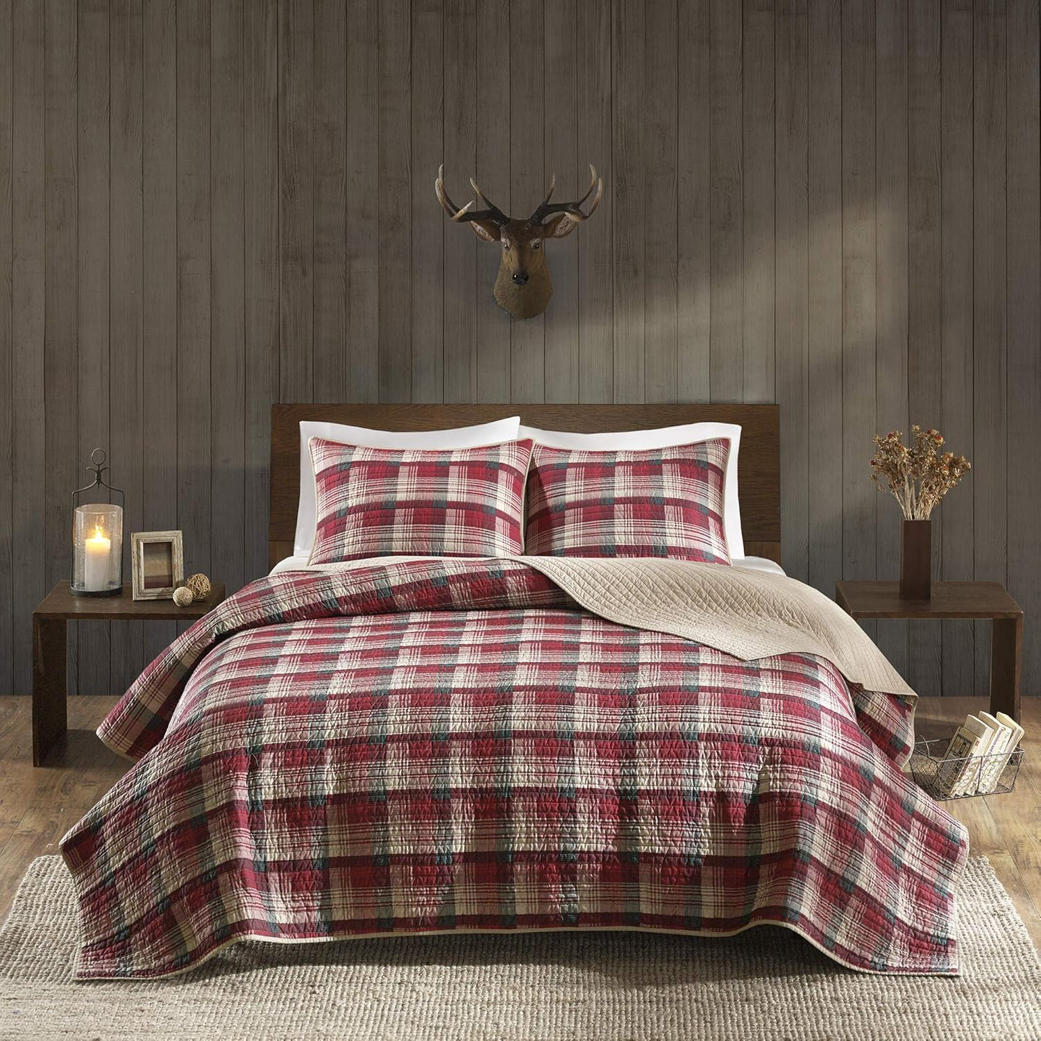 Woolrich Reversible Quilt Cabin Lifestyle Design - All Season, Breathable Coverlet Bedspread Bedding Set, Matching Shams, Oversized Full/Queen, Tasha Plaid Red/Tan 3 Piece