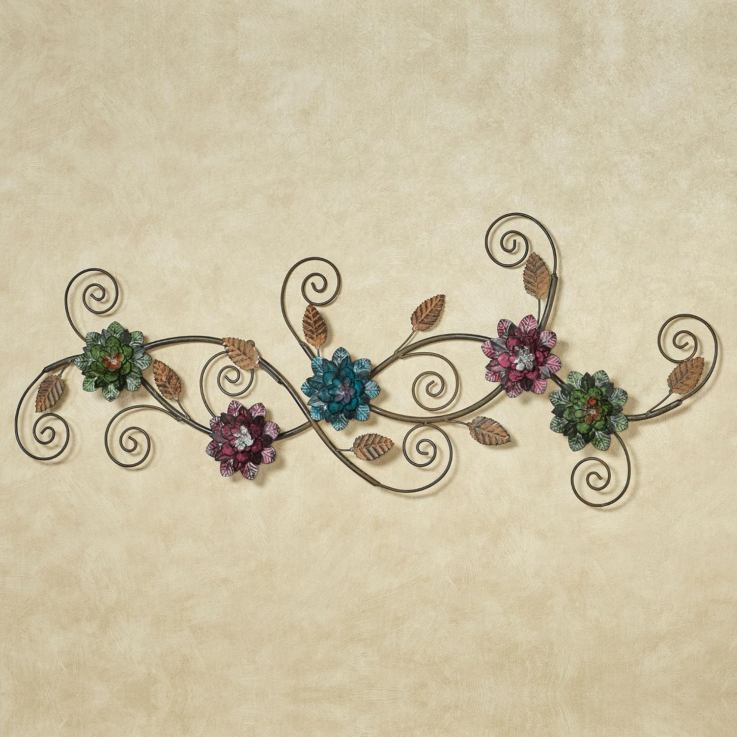 Golden Bronze Metal Wall Art Sculpture with Purple and Green Flowers