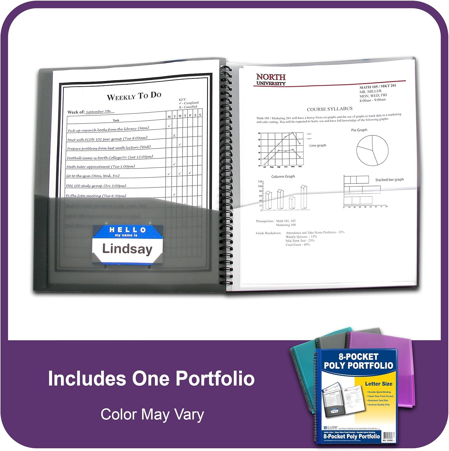 C-Line 8-Pocket Spiral-Bound Poly Portfolio, Assorted Tropic Tones, Single