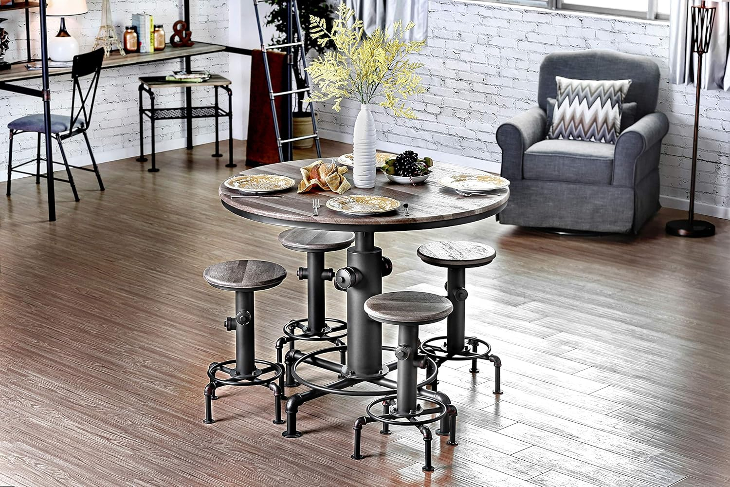 Antique Black Round Reclaimed Wood Industrial Counter Height Table