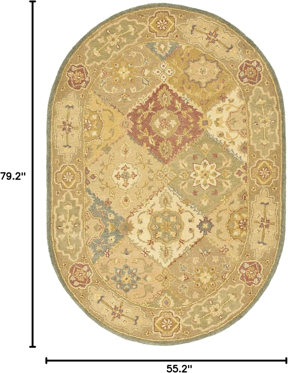 SAFAVIEH Antiquity Augustin Transitional Bordered Wool Area Rug, Multi/Beige, 4'6" x 6'6" Oval