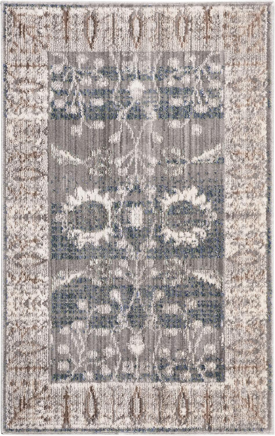 SAFAVIEH Valencia Euanthe Floral Bordered Polyester Area Rug, Dark Grey/Light Grey, 2' x 3'