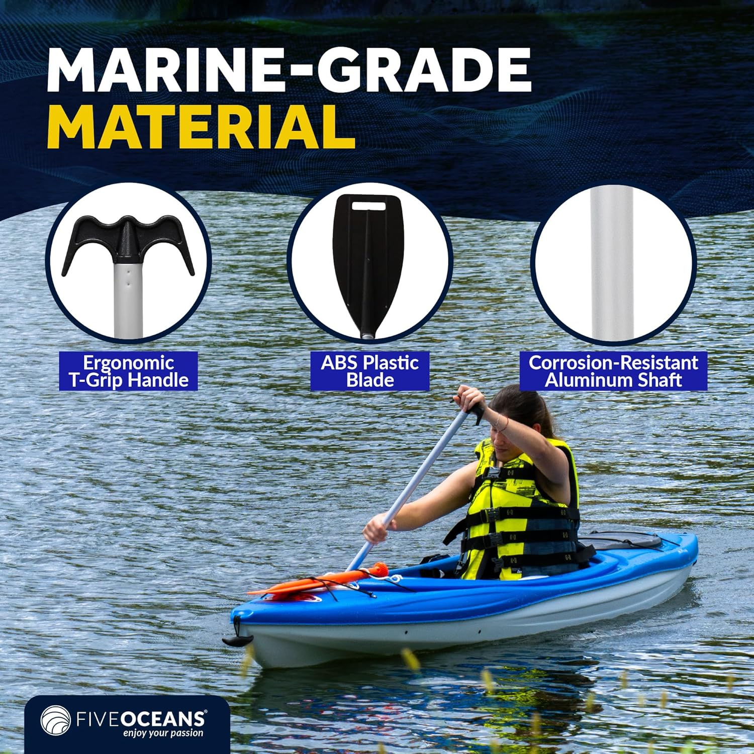 Five Oceans Canoe Paddle, Canoe Paddles and Boat Hook, Black, 4-Feet Long, Anodized Aluminum Shaft, Reinforced ABS Plastic Blade & Hook, Lightweight