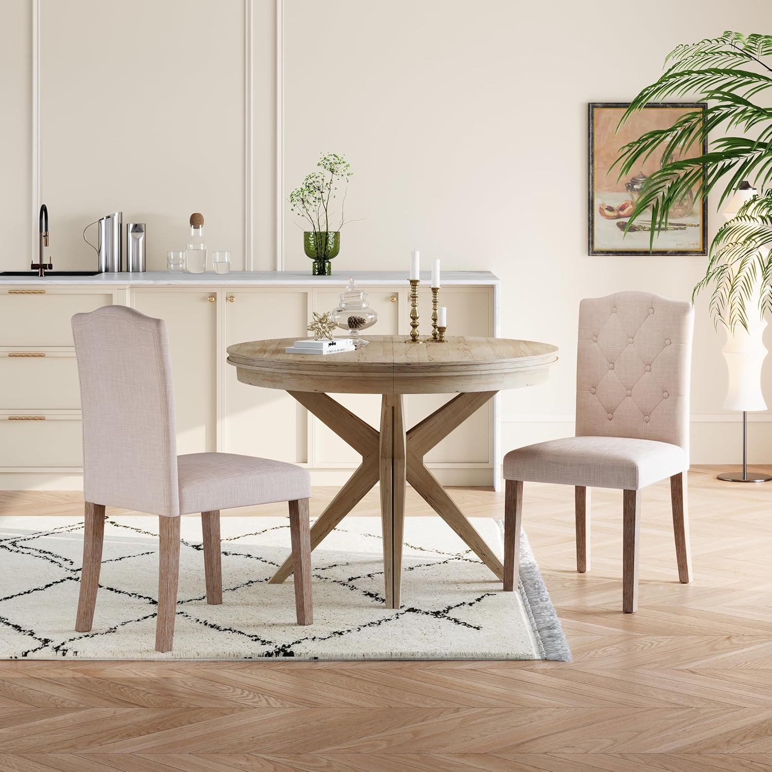 DrInn Traditional Tufted Linen Upholstered Dining Chairs, Beige (Set of 2)