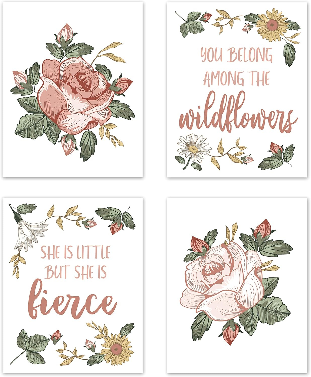 Sweet Jojo Designs Vintage Floral Boho Wall Art Prints Room Decor for Baby, Nursery, and Kids - Set of 4 - Blush Pink, Yellow, Green and White Shabby Chic Rose Flower Farmhouse Wildflower