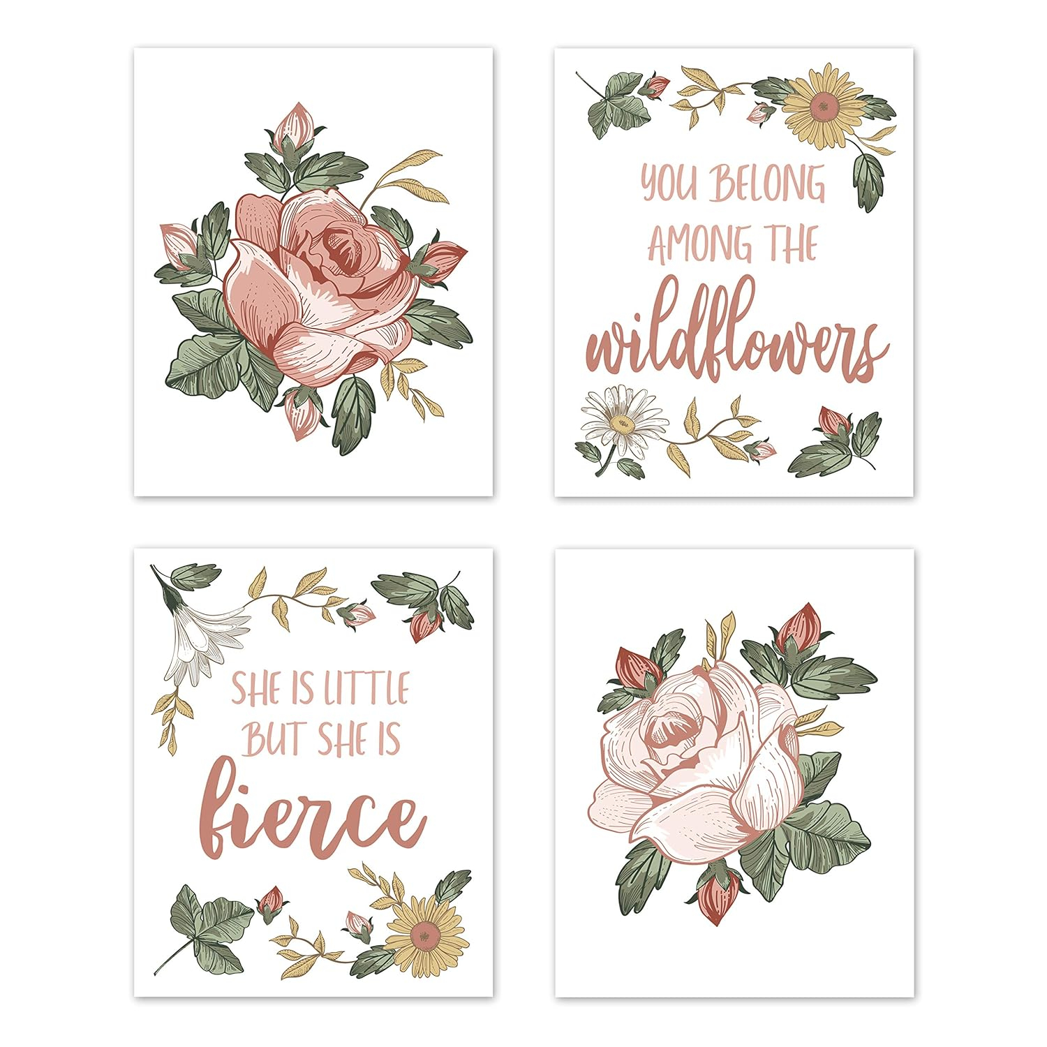Sweet Jojo Designs Vintage Floral Boho Wall Art Prints Room Decor for Baby, Nursery, and Kids - Set of 4 - Blush Pink, Yellow, Green and White Shabby Chic Rose Flower Farmhouse Wildflower