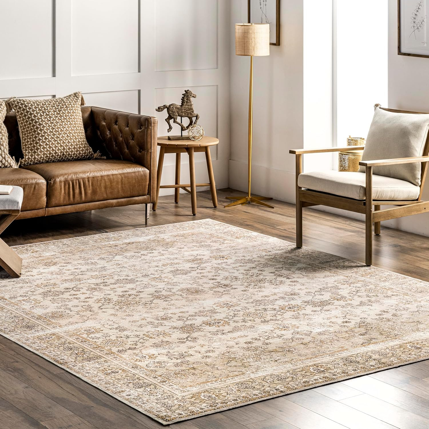Gray Floral Synthetic Rectangular Washable Area Rug 4' x 6'