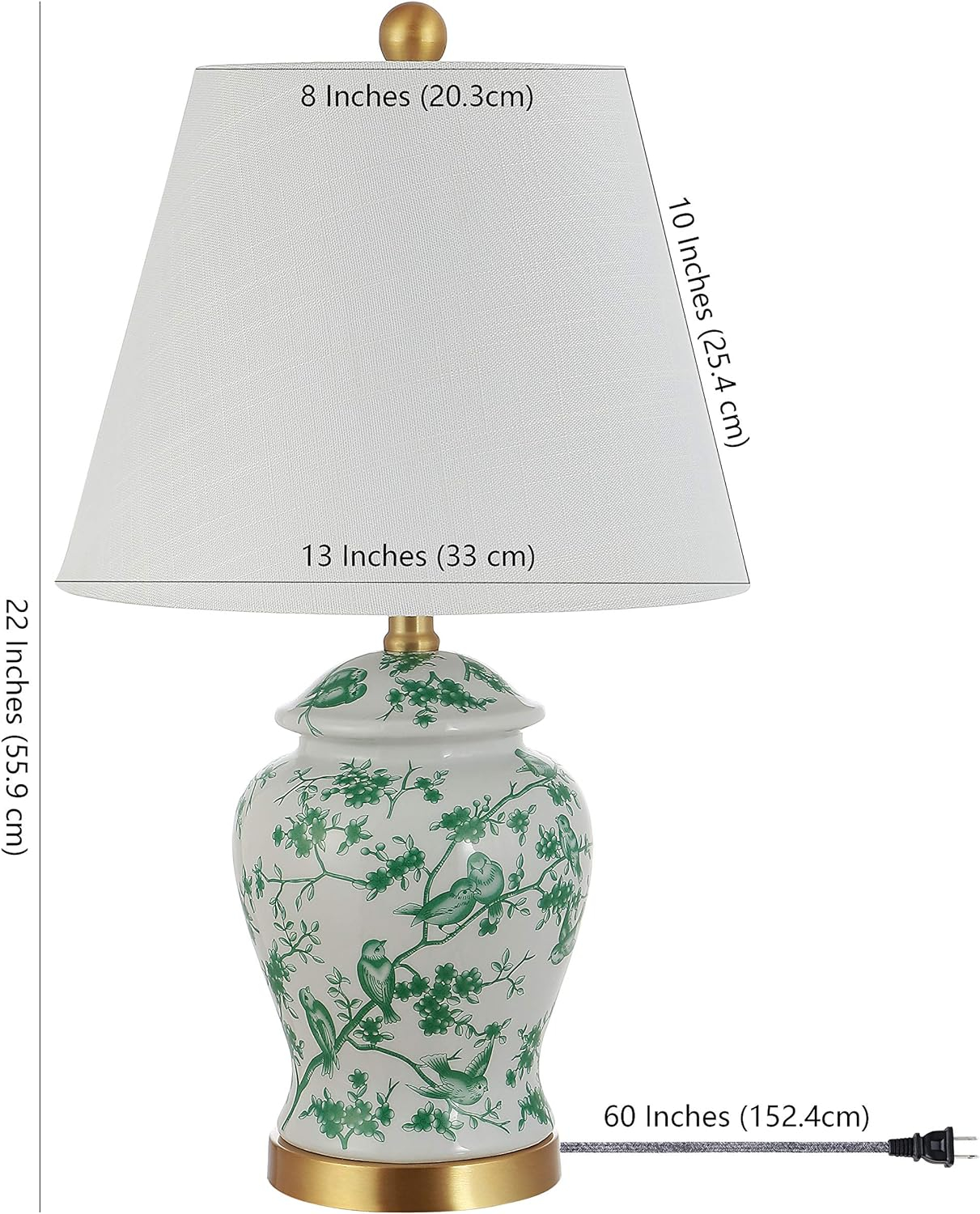 JONATHAN  Y Penelope Chinoiserie Ginger Jar Bird Ceramic/Iron 22-in White/Green LED Rotary socket Table Lamp with Linen Shade