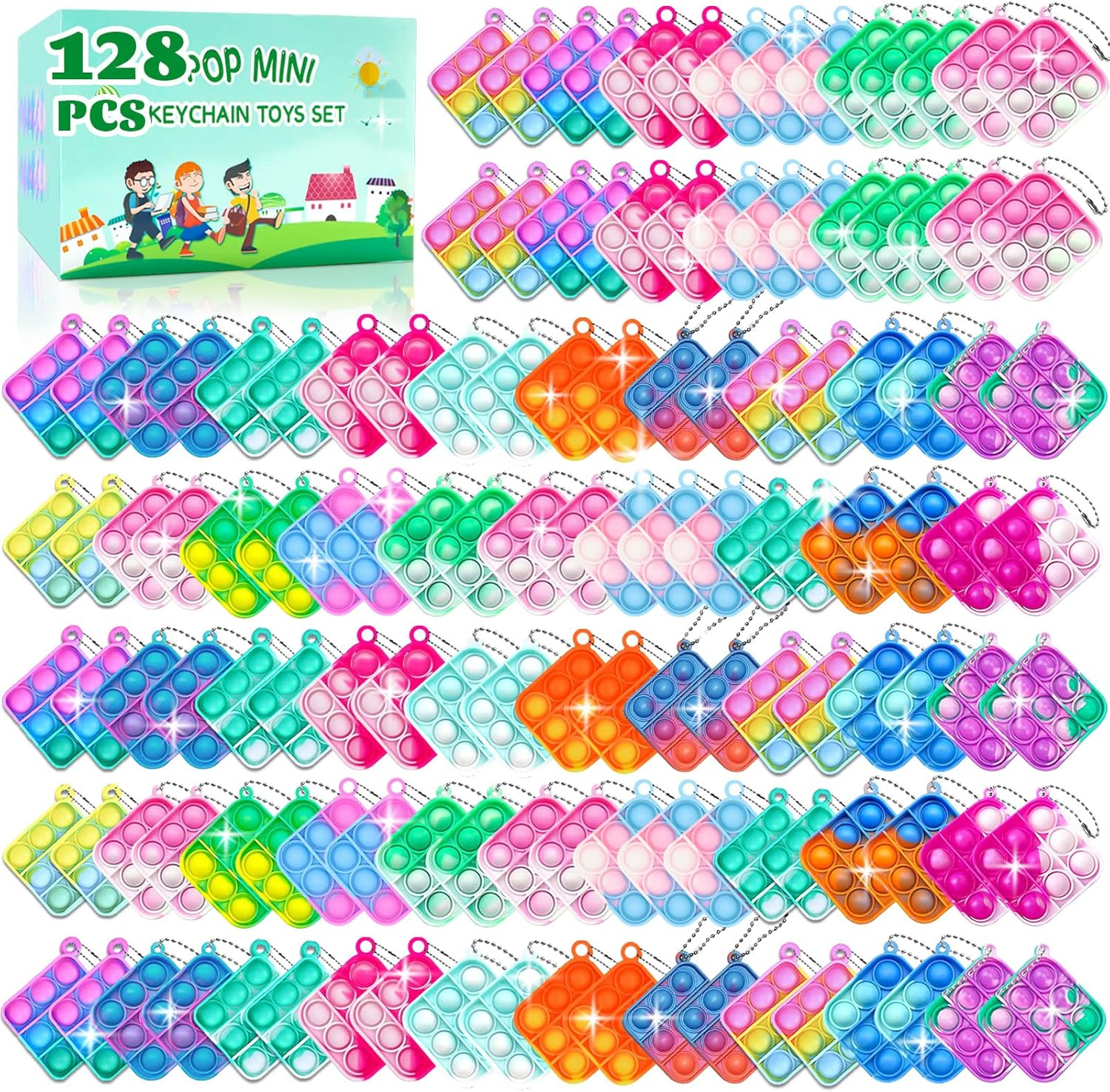128 Pcs Party Favors Fidget Toys Bulk for Kids 6-8 Fidgets Packs Sensory Stress Bauble Mini Push Pop Keychain Treasure Box Classroom Prizes for Boy Girl Adult Easter Eggs Fillers