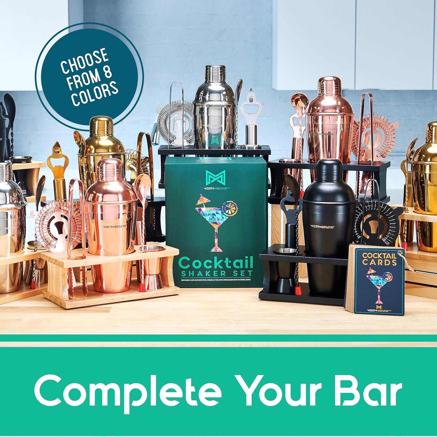 8-Piece Black Matte Cocktail Shaker Set with Pine Wood Stand