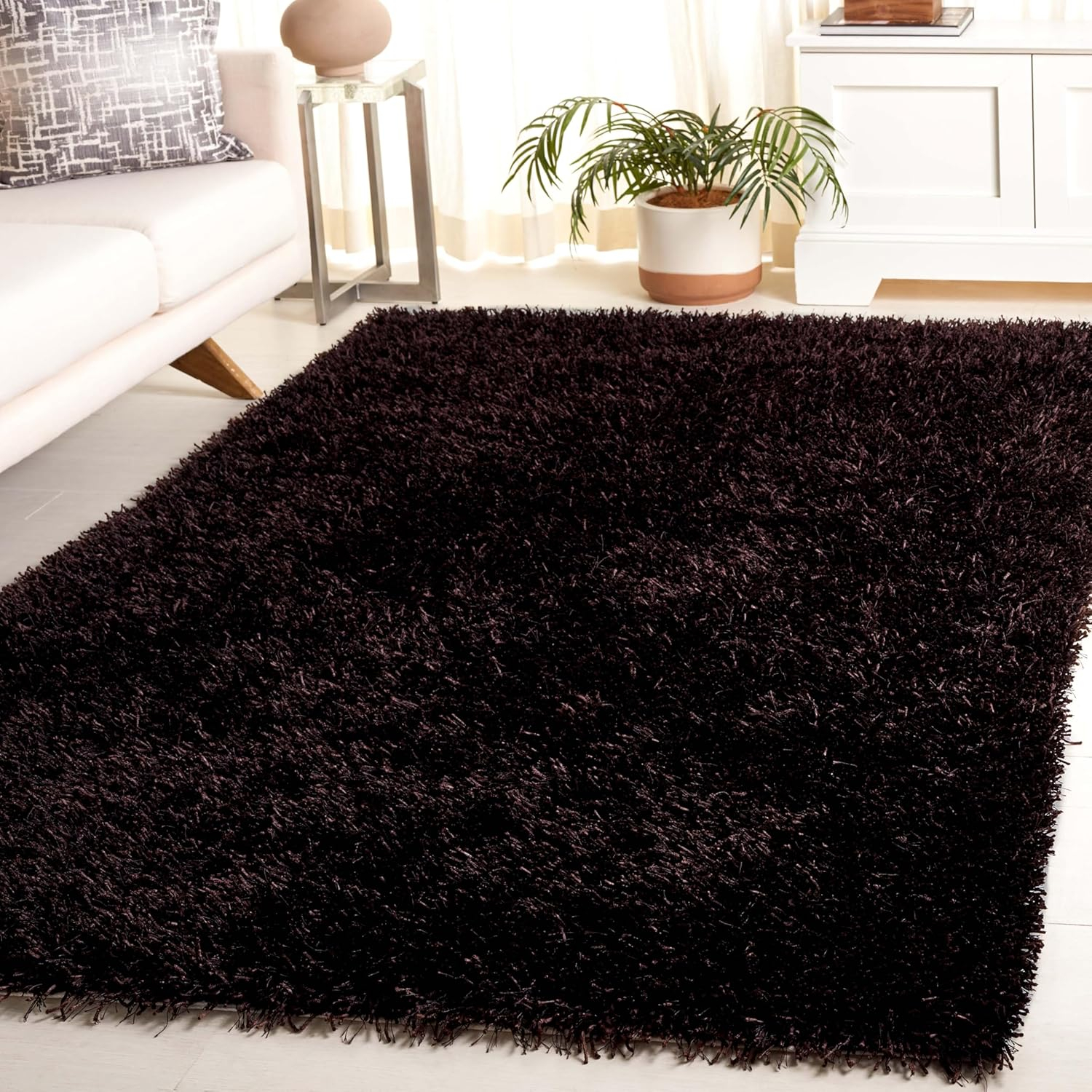 SAFAVIEH New Orleans Darius Solid Polyester Shag Area Rug, Chocolate, 5' x 8'