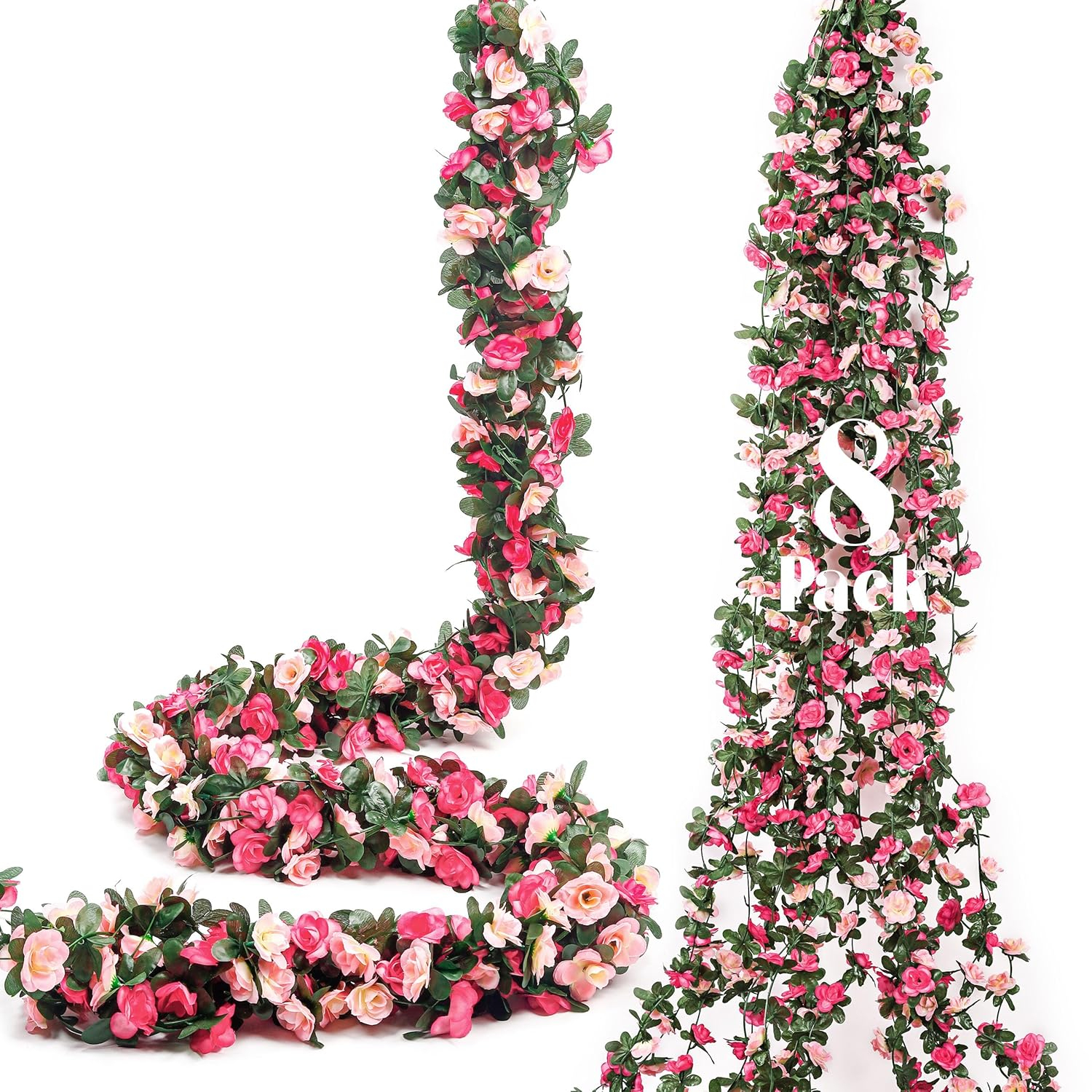 Miracliy 8Pcs 66FT Pink Flower Garland, Artificial Rose Floral Vines Fake Hanging Spring Flower Garland for Wall Backdrop Wedding Arch Tea Party Door Mantle Decoration