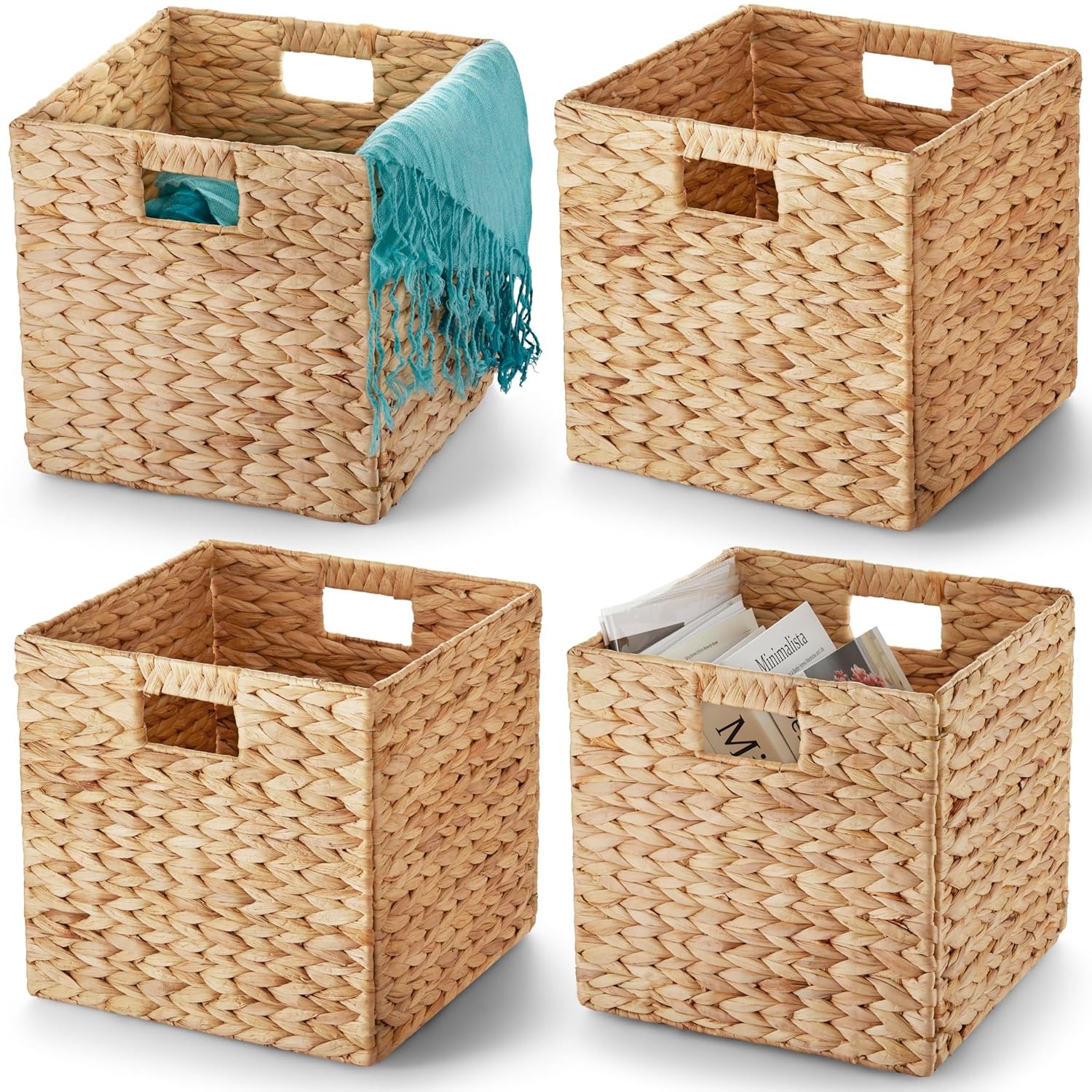 BLUEWEST Water Hyacinth Storage Basket (Set of 4) Woven Hyacinth Storage Basket, Laundry Water Hyacinth Bin for Organizing with Carrying Handles, Rattan for Shelves