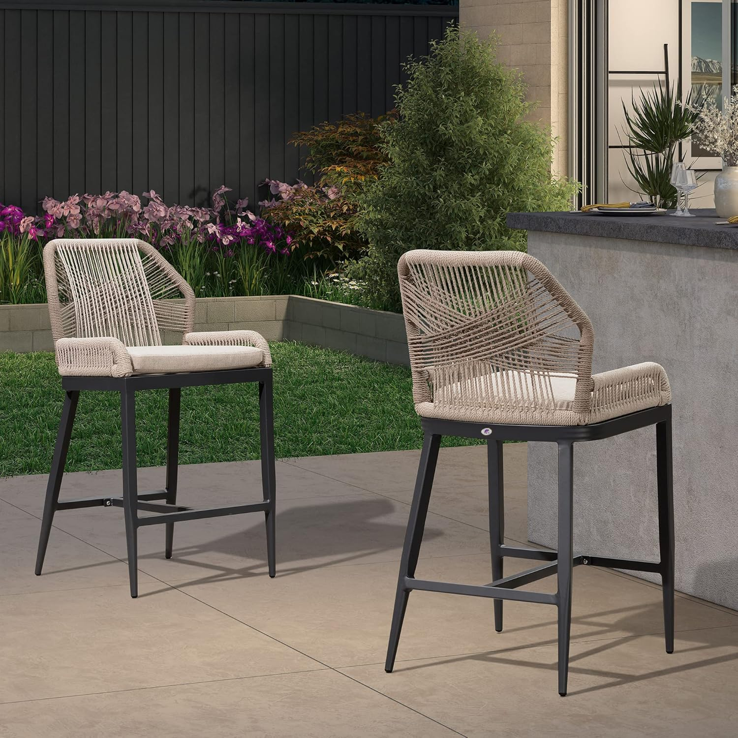 PURPLE LEAF Counter Height Bar Stools Set of 4 Rattan Wicker Outdoor Metal Boho Barstools with Back and Footrest Patio Garden Balcony Pool Bar Chairs