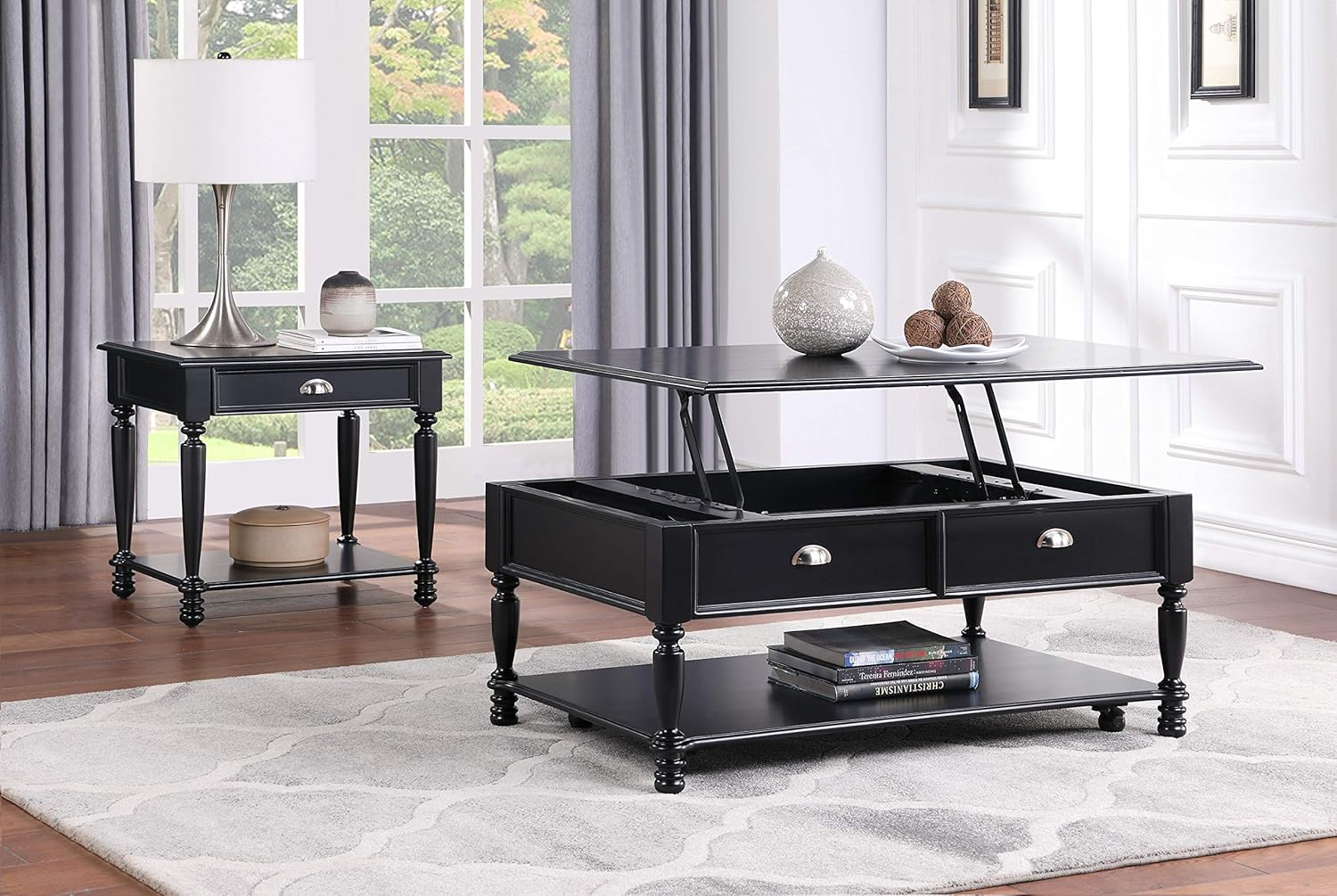 Black Veneer Rectangular Coffee Table with Storage Drawers