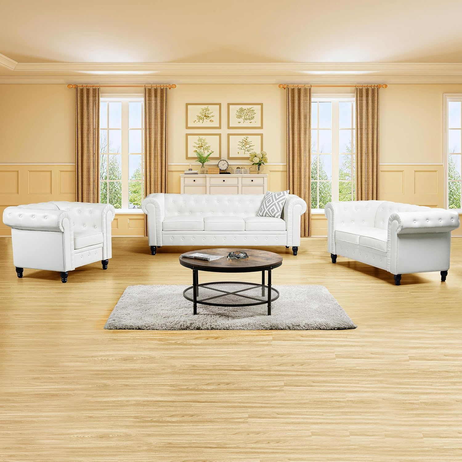 Emery Off-White Tufted Chesterfield 3-Piece Sofa Set with Rolled Arms