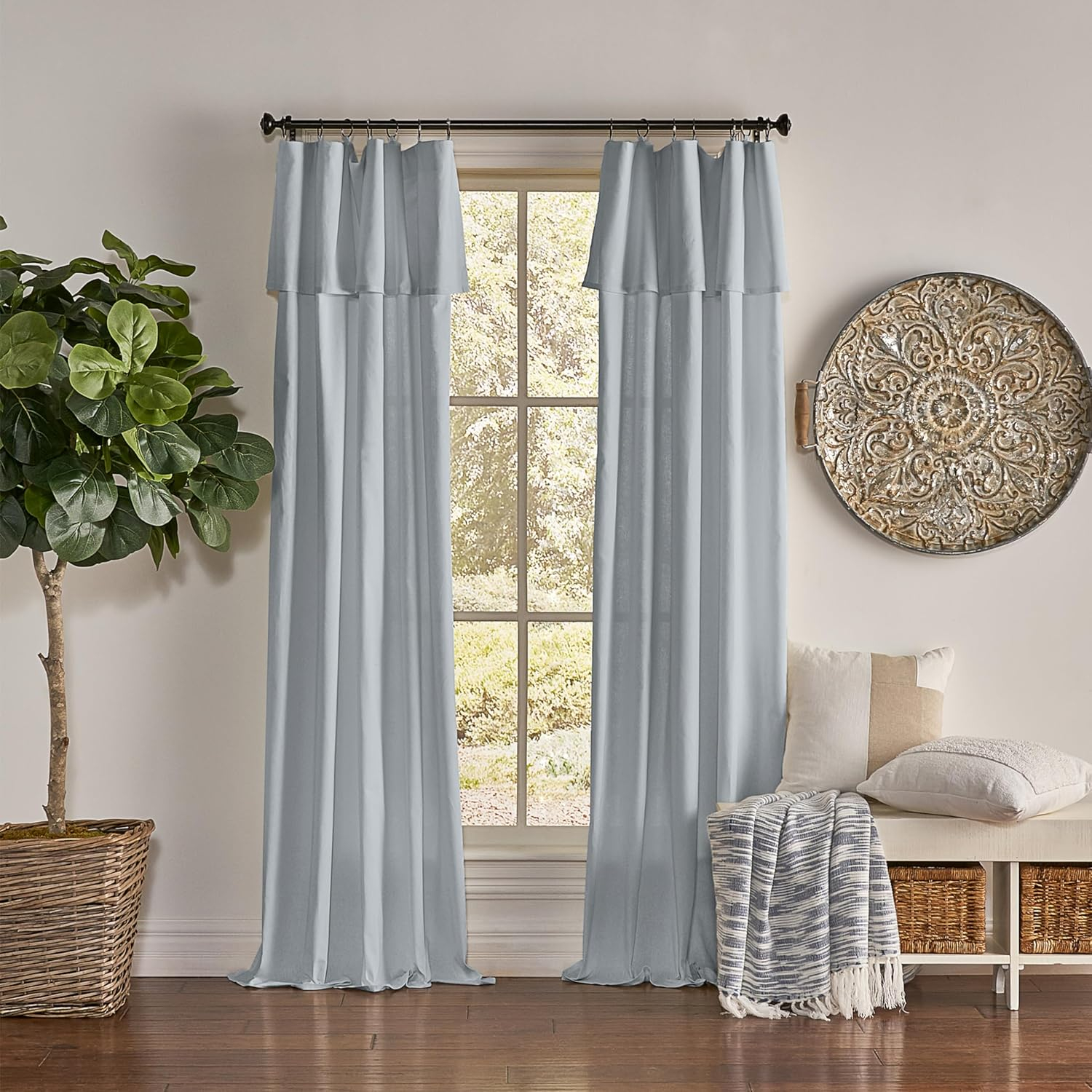 Mercantile Drop Cloth Light Filtering Ring Top Tab Farmhouse Curtain Panel with Valance Wave Blue 84 Inches