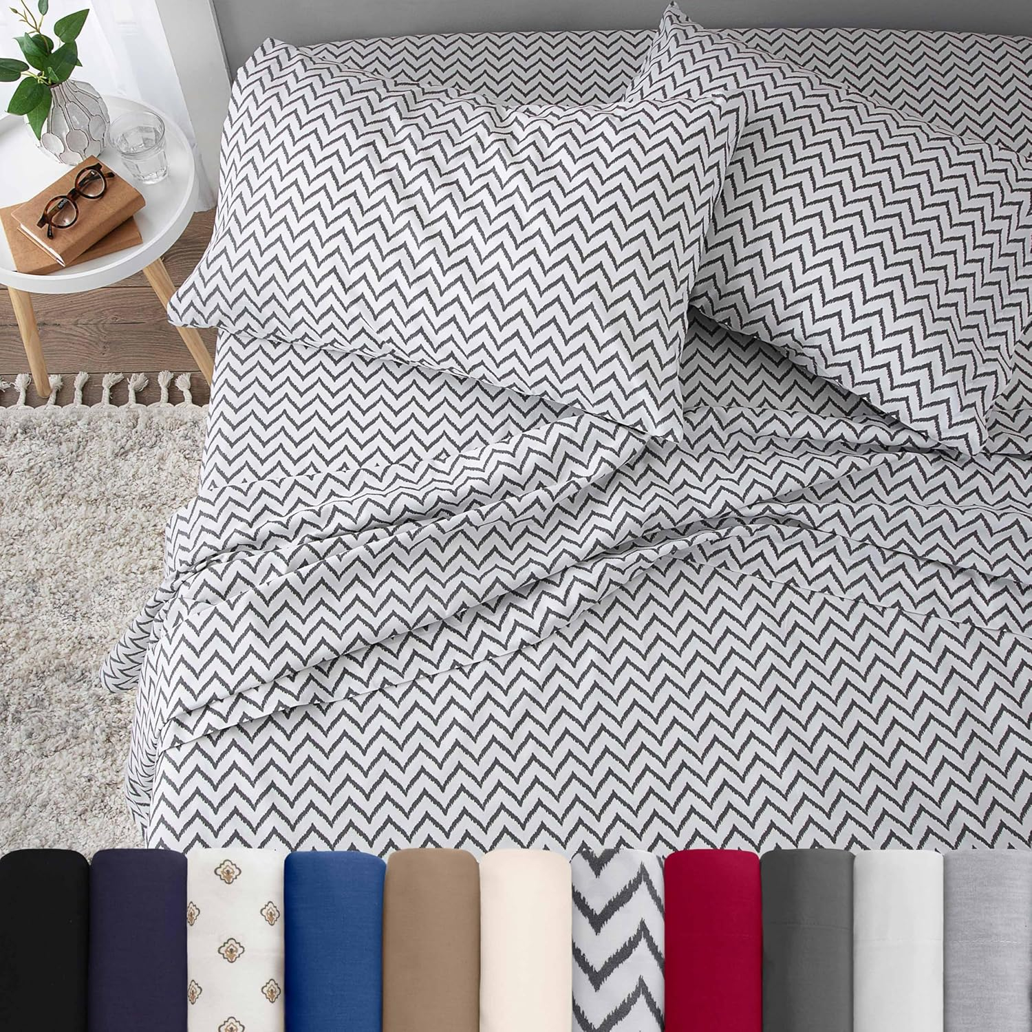 Martex 225 Thread Count Cotton Rich Queen Sheet Set - Soft, Durable, Wrinkle Resistant (4pc), Chevron