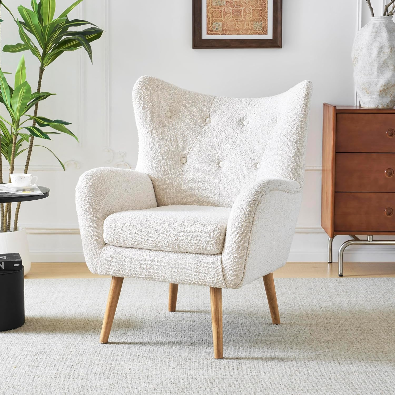 Christopher Knight Home Faschia Mid Century Accent Chair, Boucle Textured Arm Chair, Upholstered Single Sofa, Tufted Reading Chair, Indoor Backrest Chair for Living Room, Home Rest, White + Oak
