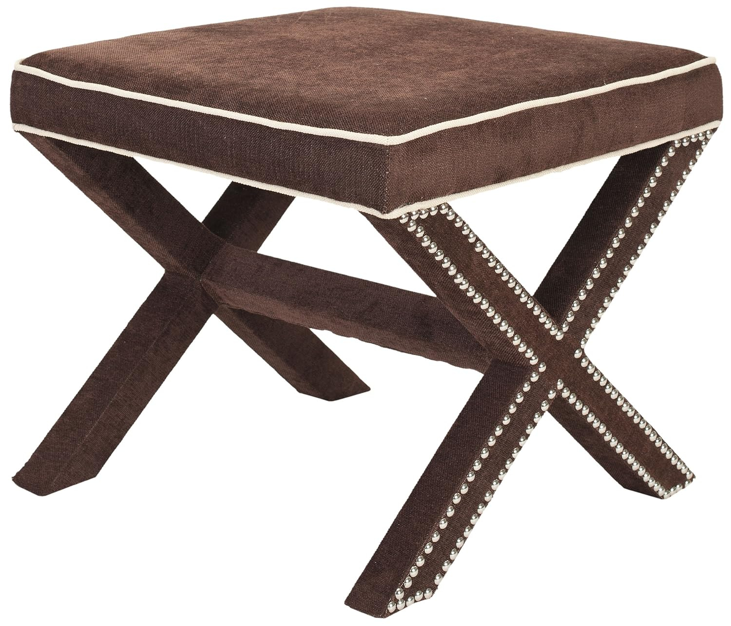 Safavieh Home Collection Palmer Chocolate Brown with Silver Nailhead Trim X-Bench Ottoman