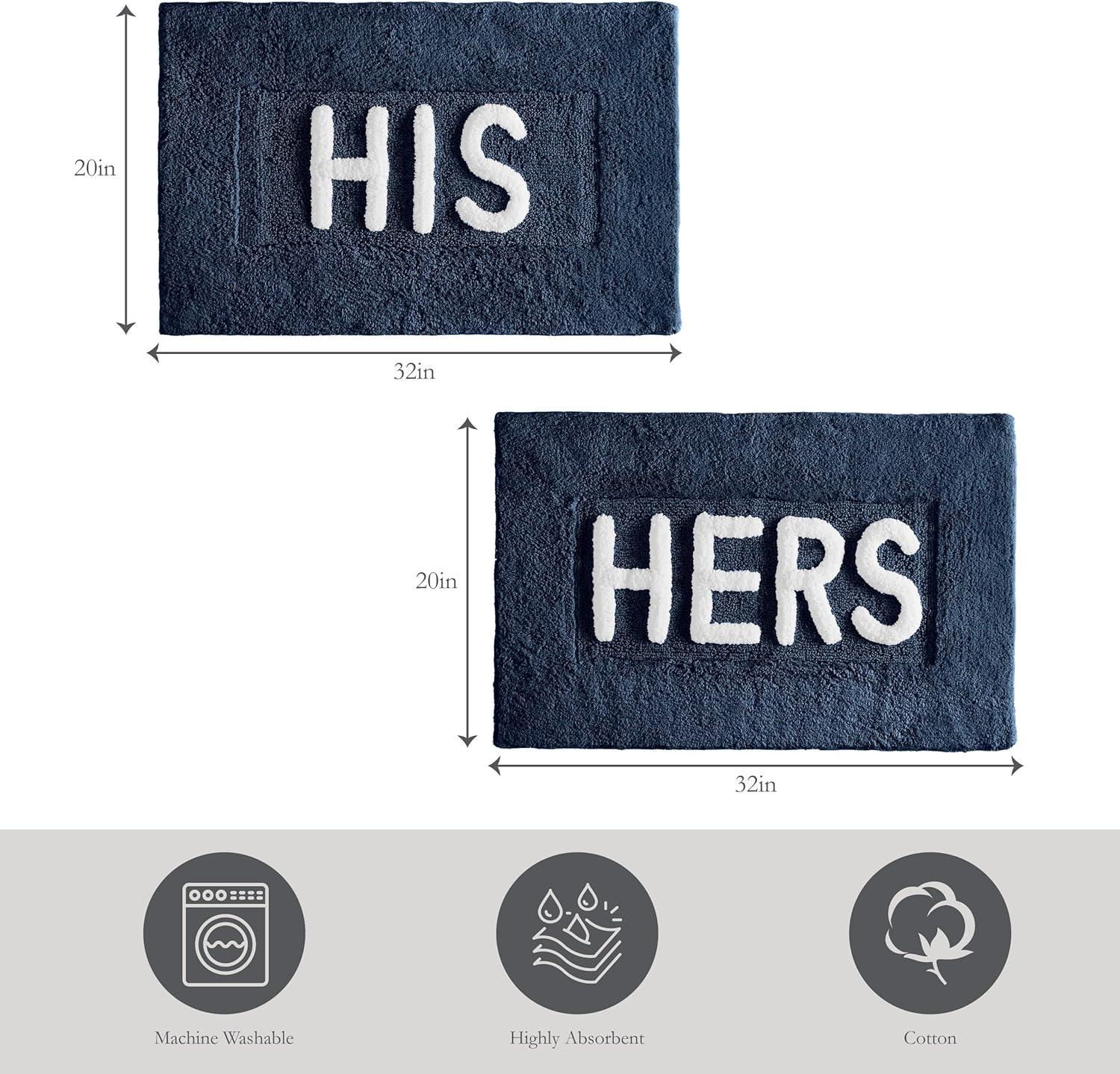 Creative Home Ideas Cotton 2-Piece Bath Rug Set - Soft Cotton Bath Mat - Bathroom Decor - Water Absorbent and Machine Washable - Measures 20"x32" - His & Hers - Navy