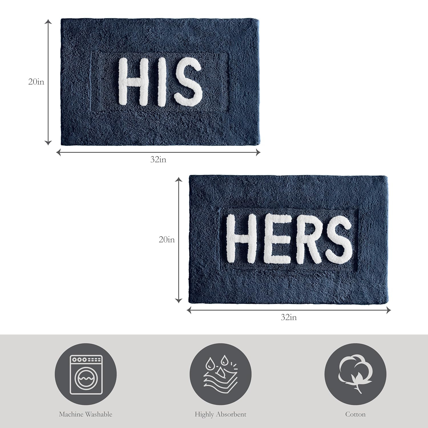 Creative Home Ideas Cotton 2-Piece Bath Rug Set - Soft Cotton Bath Mat - Bathroom Decor - Water Absorbent and Machine Washable - Measures 20"x32" - His & Hers - Navy