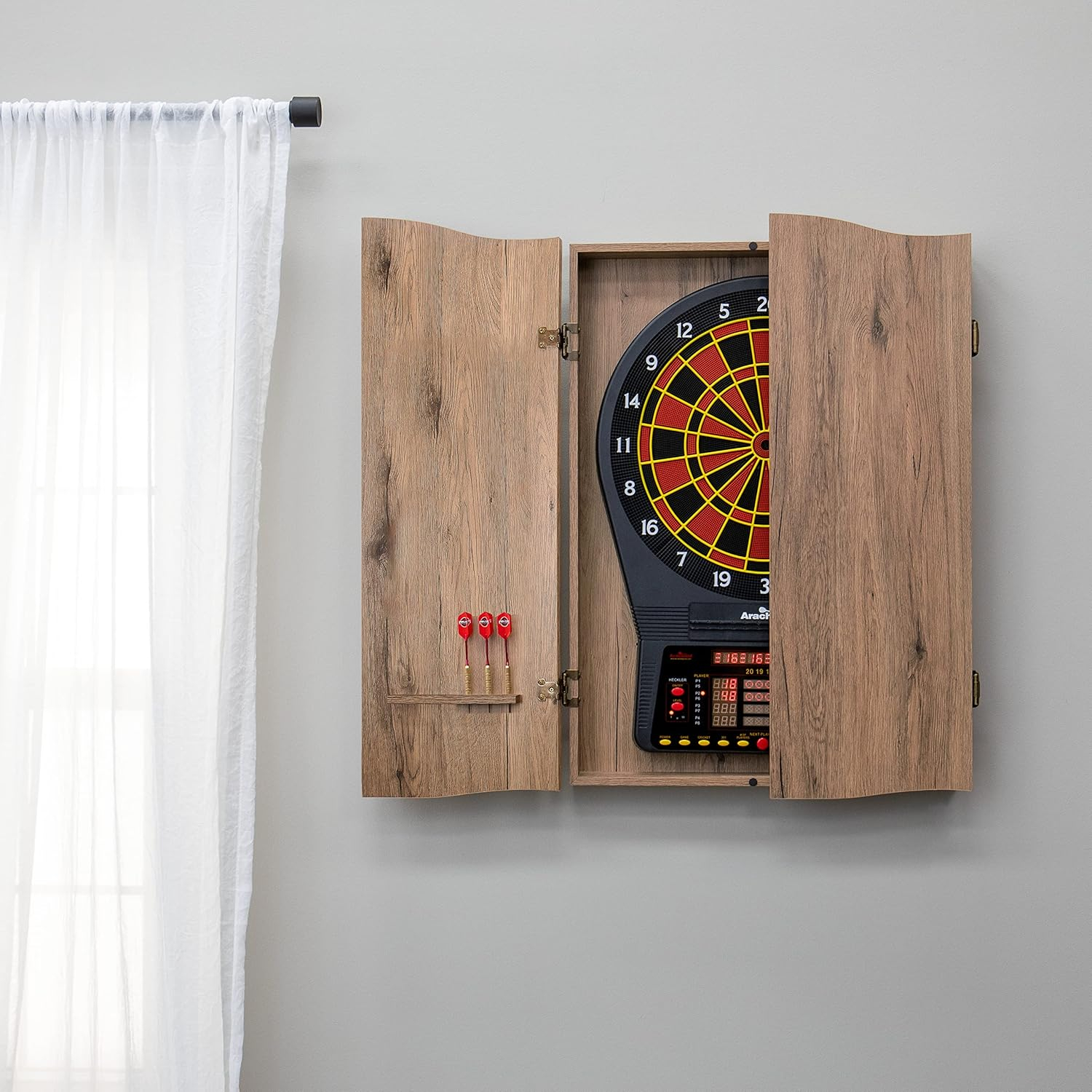 DMI Sports Tan CricketPro Dartboard Cabinet | Designed for Arachnid 15.5” CricketPro 900, 800, 750, 650 Electronic Dartboards | Does Not Include Dartboard