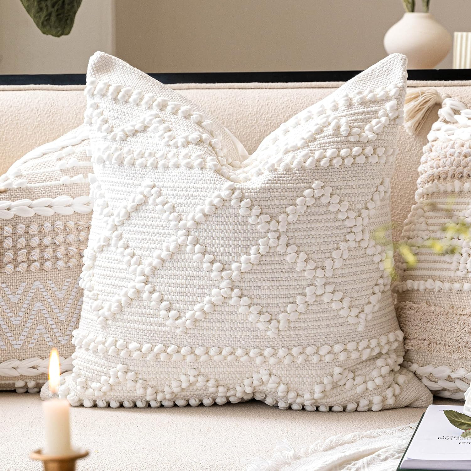 Pure White Decorative Throw Pillow Cover 20X20, Boho Accent Pillow for Couch, Square Modern Farmhouse Pillowcase for Living Room Couch Sofa Cushion Home Décor (Pack of 1)