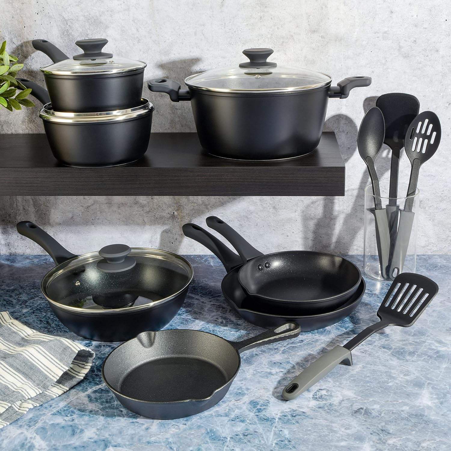 Gibson Elite Soho Lounge 15 Piece Non Stick Cookware Combo Set in Black