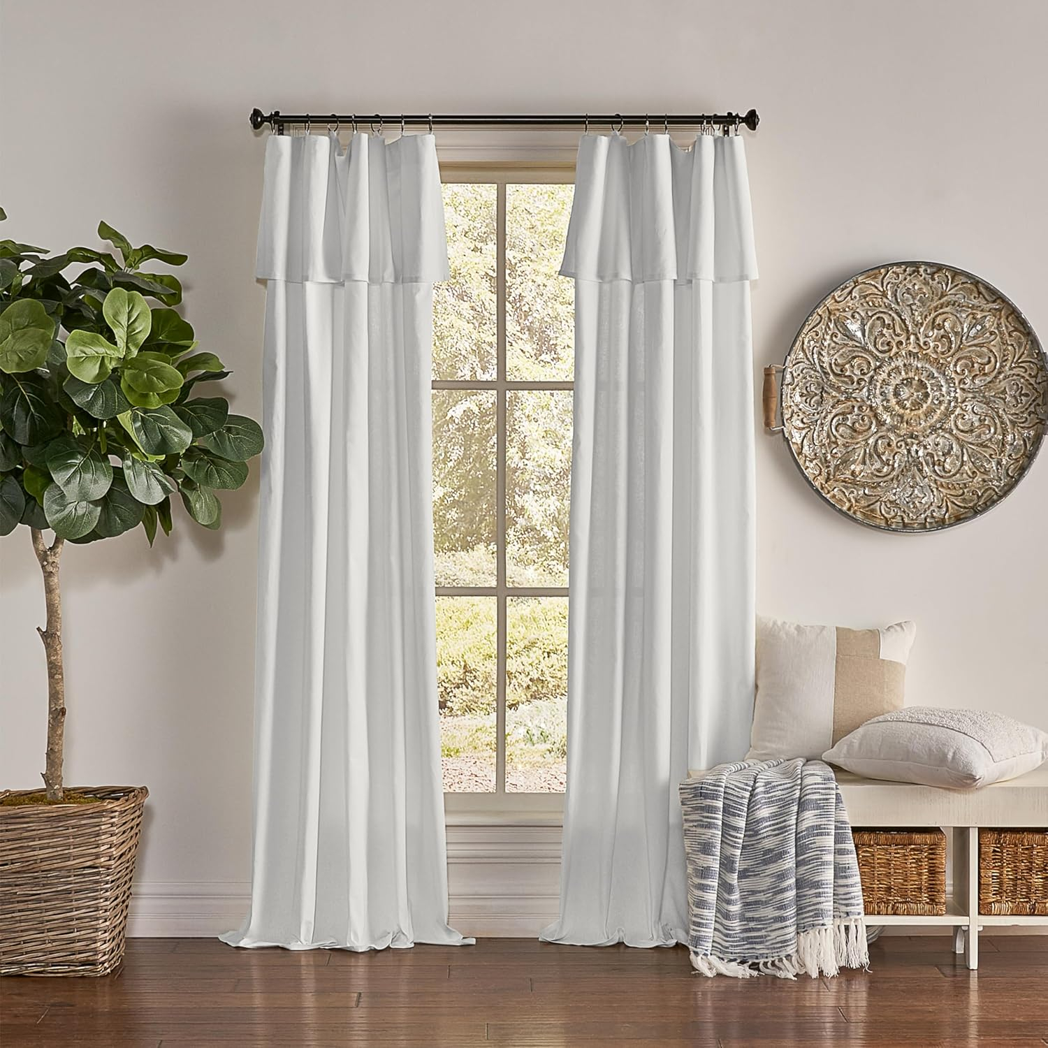 Mercantile Drop Cloth Light Filtering Ring Top Tab Farmhouse Curtain Panel with Valance White 63 Inches