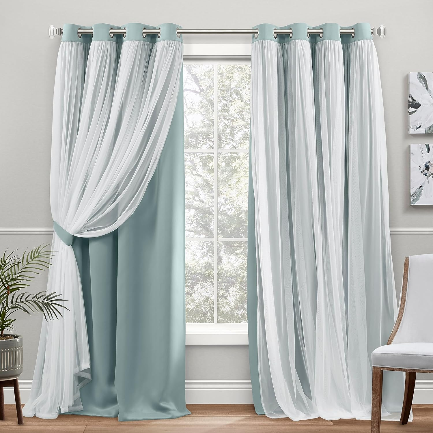 TOWN & COUNTRY LUXE Talia Double Layer Indoor Curtains, Sheer and Room Darkening Blackout, Grommet Top, Energy Efficient, 2-Pack Set, 52"x108", Mint Green