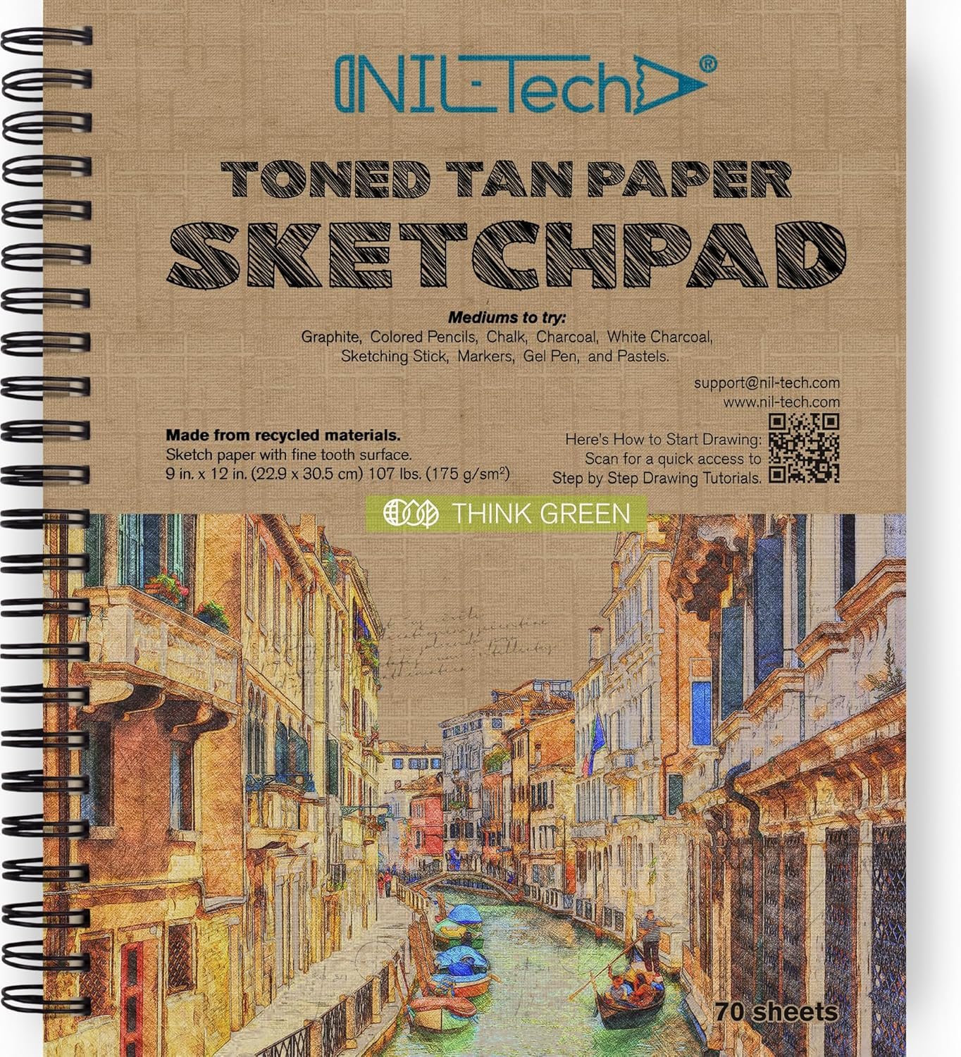 NIL - Tech70 Sheets Premium Toned Tan Sketchbook - 9x12 inches (107 lb/175 GSM) Spiral Bound Drawing Paper Pad for Markers, Colored Pencils, Chalk, Oil Pastels, Charcoal Pencils and Graphite